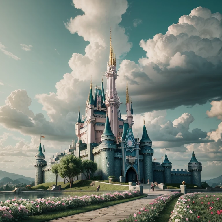 Epic CG matte painting, wide view, pale green clouds, Disney castle, garden full of flowers on the clouds, a few drops of water falling from the clouds, a sea of pale green roses, HD images, Unreal Engine, ArtStation 4k HD trend, close up 