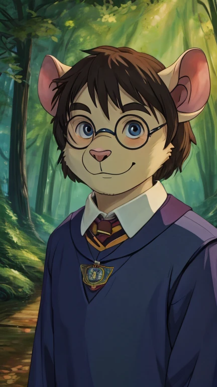 (1boy, solo, furry, rat), highly insanely detailed, masterpiece, top quality, best quality, highres, 4k, 8k, RAW photo),((innocent look)),((ghibli style)),From the front, symmetrical composition,smile,cute,Innocent,Kind eyes,Flat chest,digital art Style, forest landscapes of other worlds, (harry potter),front view, Upper body, Hogwarts uniform, glasses , dark hair 