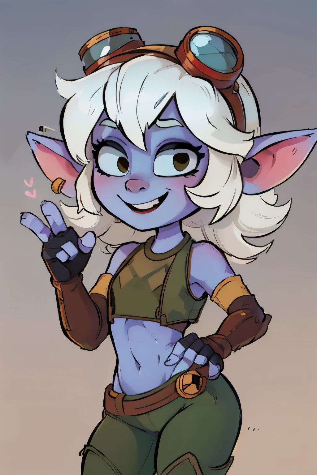 Tristana \(league of legends\), league of legends, goggles, goggles on head, gloves, navel, jewelry, fingerless gloves, elbow gloves, belt, green pants, crop top arm sleeves,  toeless legwear, (blue skin:1.2) three fingers, one thumb. She is giving the peace sign, winking
Abstract pop art style with halftone pattern background. Sketchy hard lines and heavy brush strokes. Meticulously drawn with vigorous details. 
 ink, sumi-e, portrait, smiling, cute face