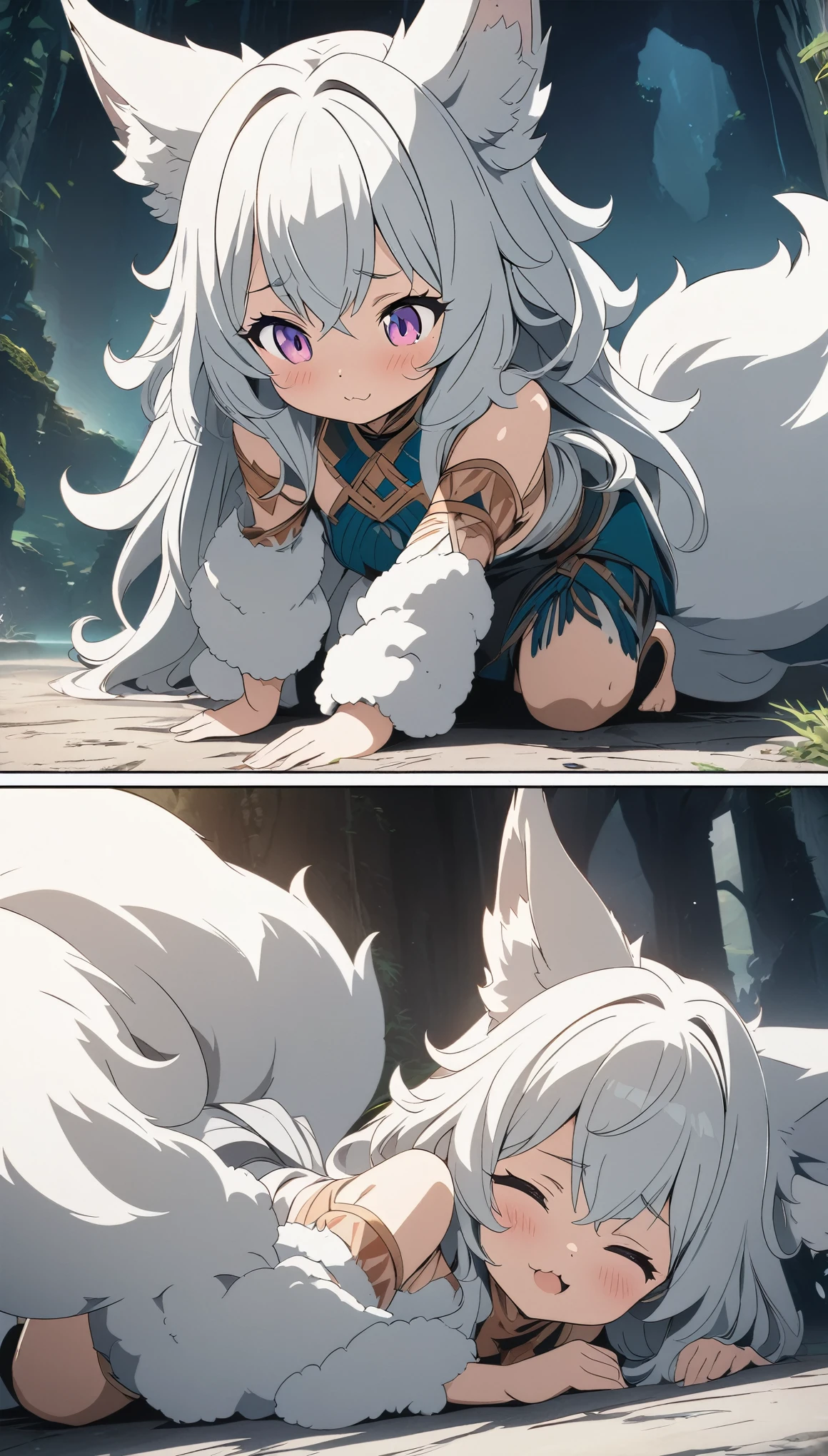 (masterpiece:1.2), (Best Quality:1.2), Ultra-high resolution, Very detailed, Fox Tribe Girl, silver hair, Otherworldly fantasy, Fluffy tail, cute, Digital anime art,Flat comic color