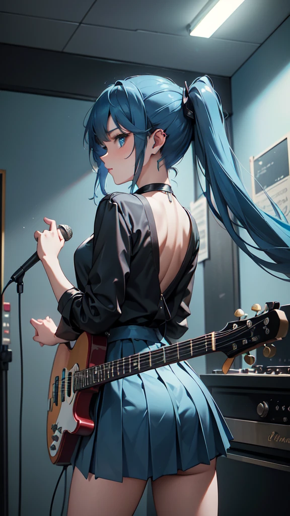 A masterpiece of a young woman, showcasing her unique style and musical talents. In the dimly lit interior, with soft blue accents on the walls, she stands confidently with one leg slightly raised, her electric guitar slung over her shoulder. Her striking features include piercing blue eyes, a double ponytail adorned with teal hair extensions, and a pleated skirt that flows like a dark waterfall down her legs. A black shirt accentuates her toned physique, while headphones wrap around her neck, a symbol of her passion for music. As she plays the guitar, her long hair cascades down her back, a mesmerizing sight as she sings with conviction, the spotlight on her face illuminating her radiant beauty, kneeling