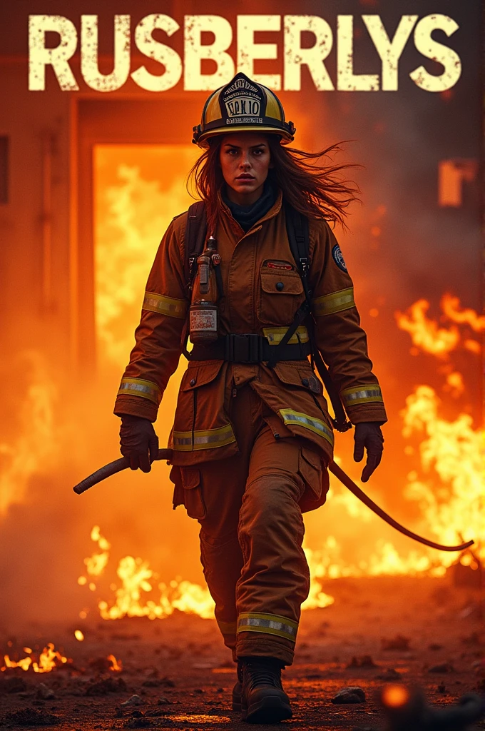 ginger firefighter woman house on fire background