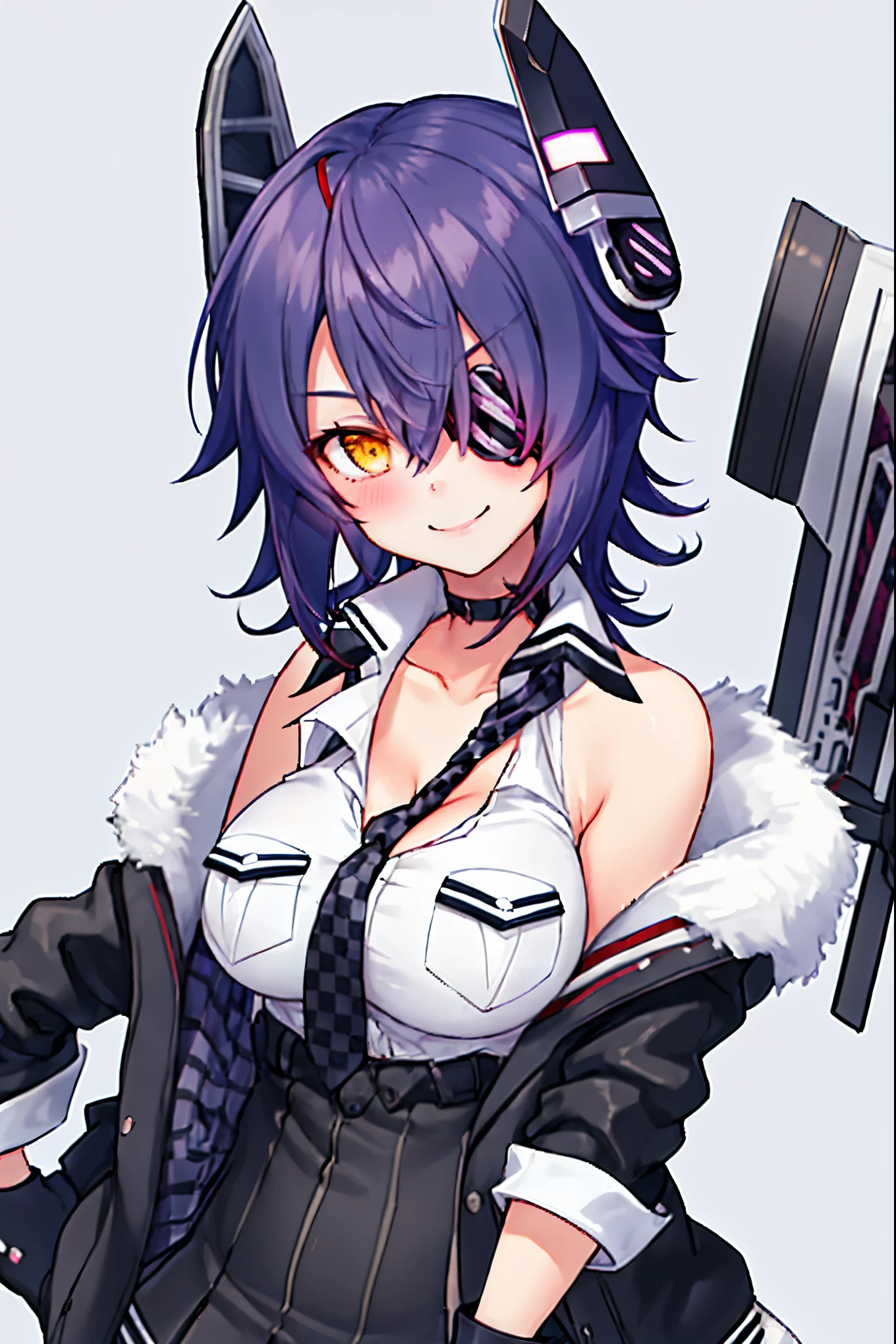 best quality, masterpiece, solo, {tenryuu_kantaicollection:1.15}, teen_girl, eyepatch, short_hair, purple_hair, yellow_eyes, headgear, breasts, necktie, big_breasts, smile, 1girl, blush, checkered_necktie, hair_over_one_eye, shirt, portrait, white_shirt, jacket, sleeveless, fur-trimmed_jacket, fur_trim, collarbone, looking_at_viewer, pocket, breast_pocket, messy_hair, black_gloves, gloves, partially_fingerless_gloves,harbor_road_landscape_background,outdoor,nihl, cleavage,solo