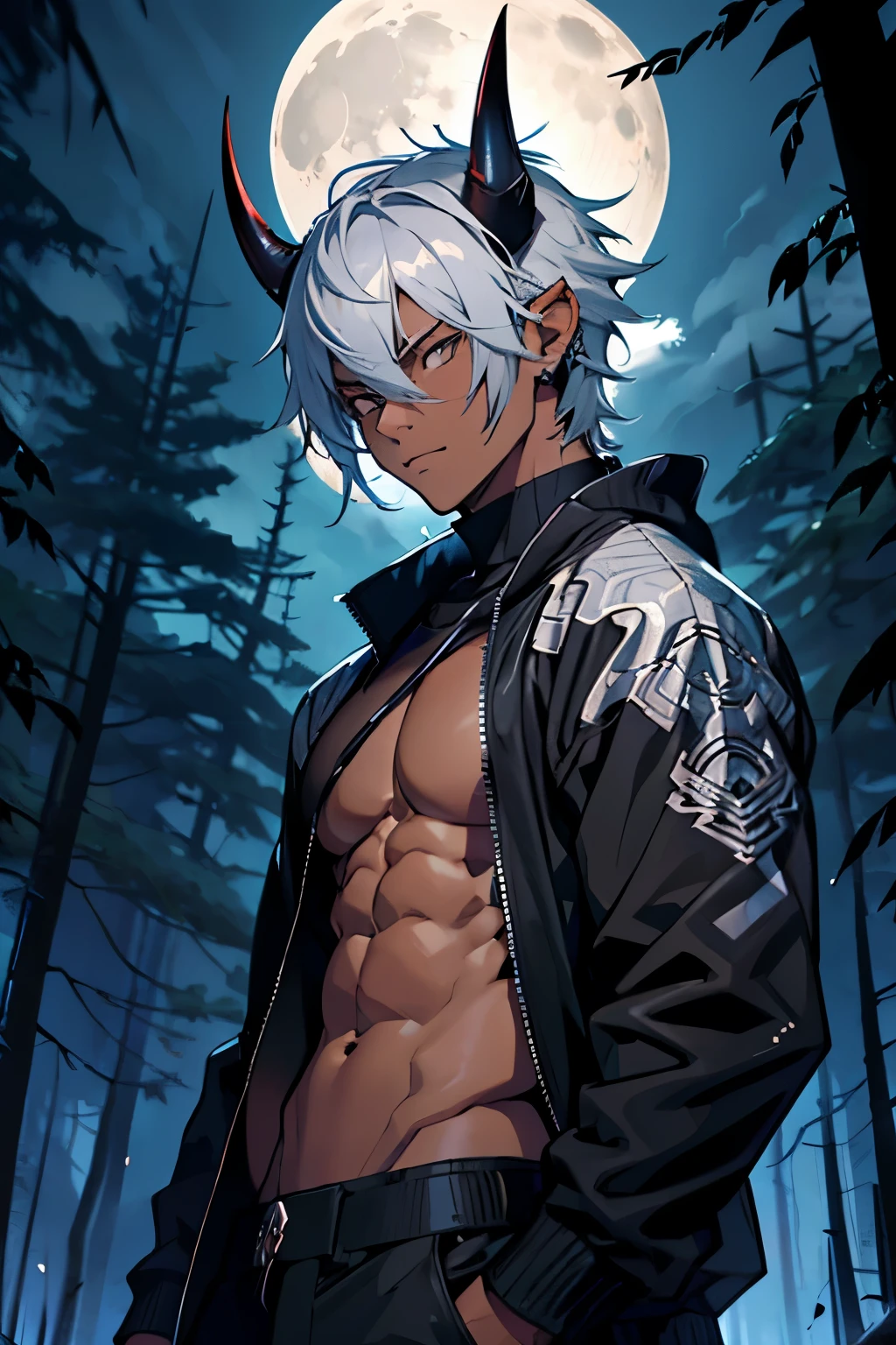 Handsome male, white hair, short hair, purple eyes, expressionless, chest harness, black pants, black boots, big bulge in pants, wings, horns, piercings, handsome features, tall, buff male, bara, nightfall, plants