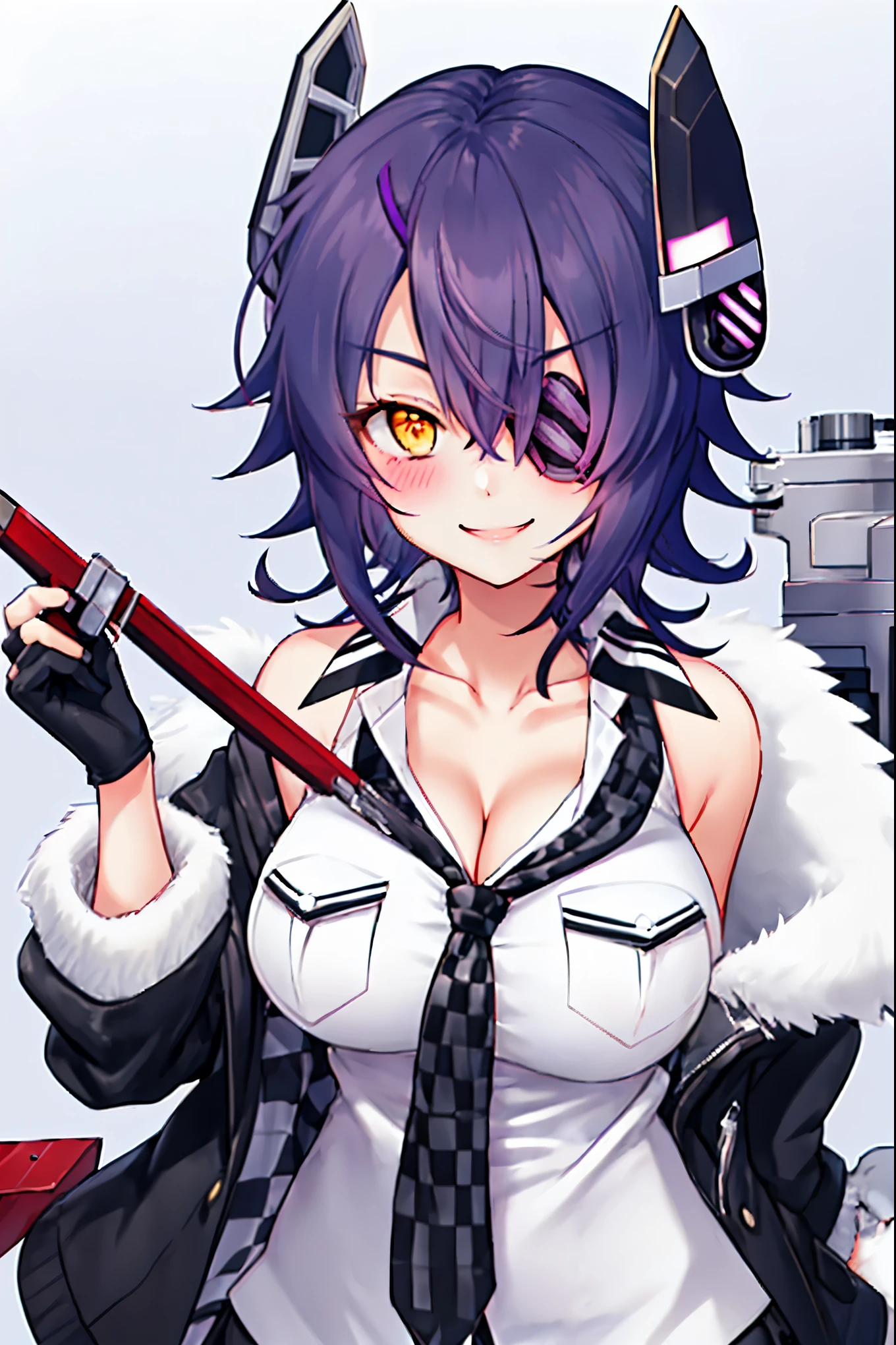 best quality, masterpiece, solo, {tenryuu_kantaicollection:1.15}, teen_girl, eyepatch, short_hair, purple_hair, yellow_eyes, headgear, breasts, necktie, large_breasts, smile, 1girl, blush, checkered_necktie, hair_over_one_eye, shirt, collared_shirt, white_shirt, jacket, sleeveless, brown_eyes, fur-trimmed_jacket, fur_trim, collarbone, looking_at_viewer, pocket, breast_pocket, , black_jacket, messy_hair, black_gloves, gloves, partially_fingerless_gloves,in_front_of_school_background,outdoor,short_skirt,thigh-highs,boots,sunlight,