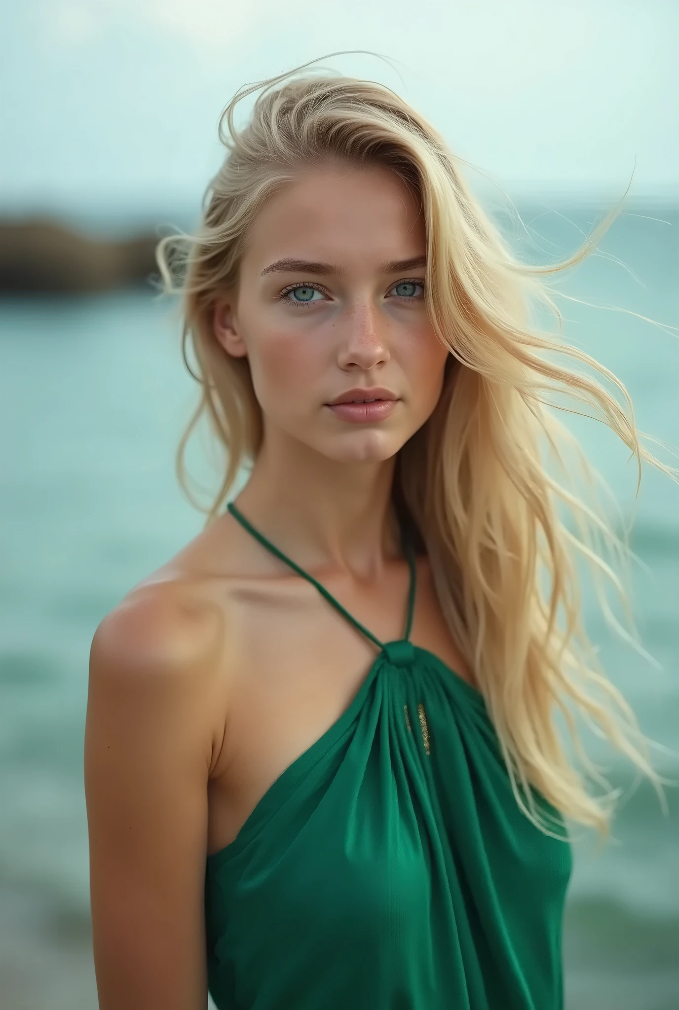 Create realistic 13yo young girl photos with blonde hair (Length to the shoulders), fully nude, Cute face, Whole body, Slender body, shapely legs, Thin ankles, thin-waist, Green eyes and medium breasts, She is completely naked, She is on the beach.