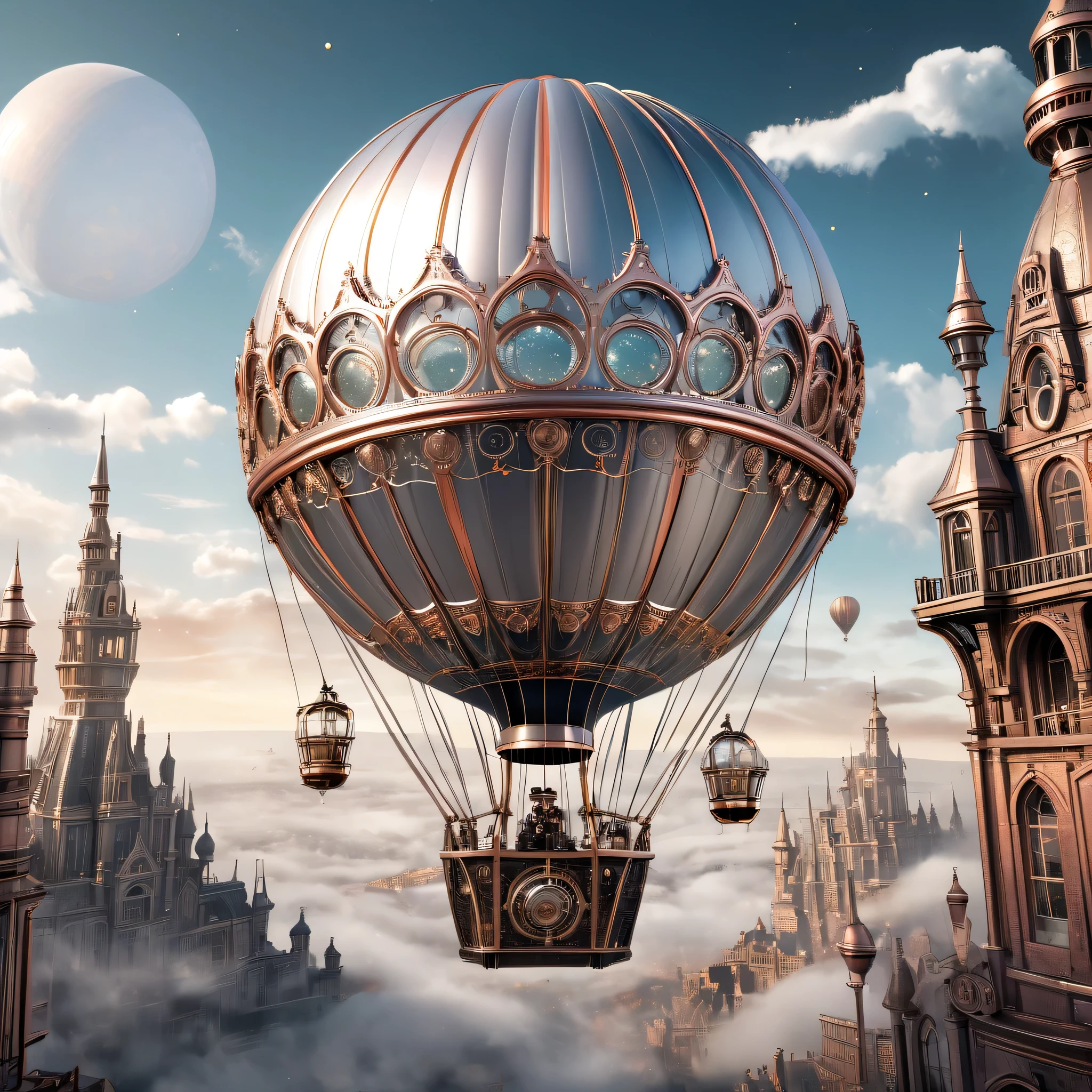 Super detailed, top quality, 8k, steampunk hot air balloon in silver color, manga, illustration, gothic architectural landscape, rose gold universe, steampunk gear, glowing dots show intricate patterns, masterpiece
