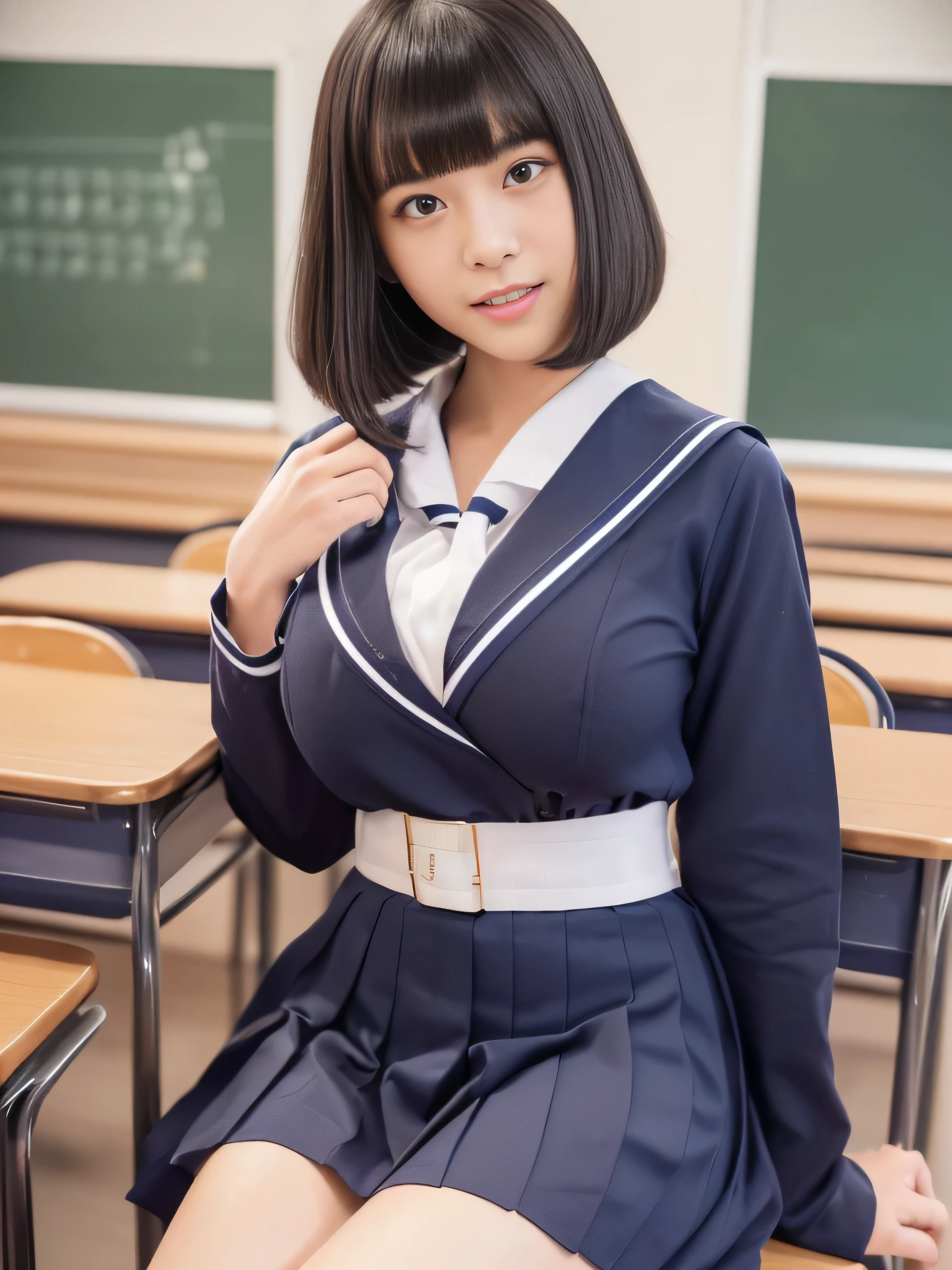 ((Tabletop, Highest quality)),Best aesthetics,One Girl, , desk work, Sitting, School desk, Brown Hair, Crude room, Long Hair, indoor, Chair, View your viewers, :p, Focus Only, Brown eyes, skirt, Long sleeve, pencil, 1 boy, Brush case, paper, Seraph of the Black, Multiple Girls, pleated skirt, Sailor collar, bangs, Headrest, school bag, 学校のChair,Big Breasts、、Thick tight、Big Ass