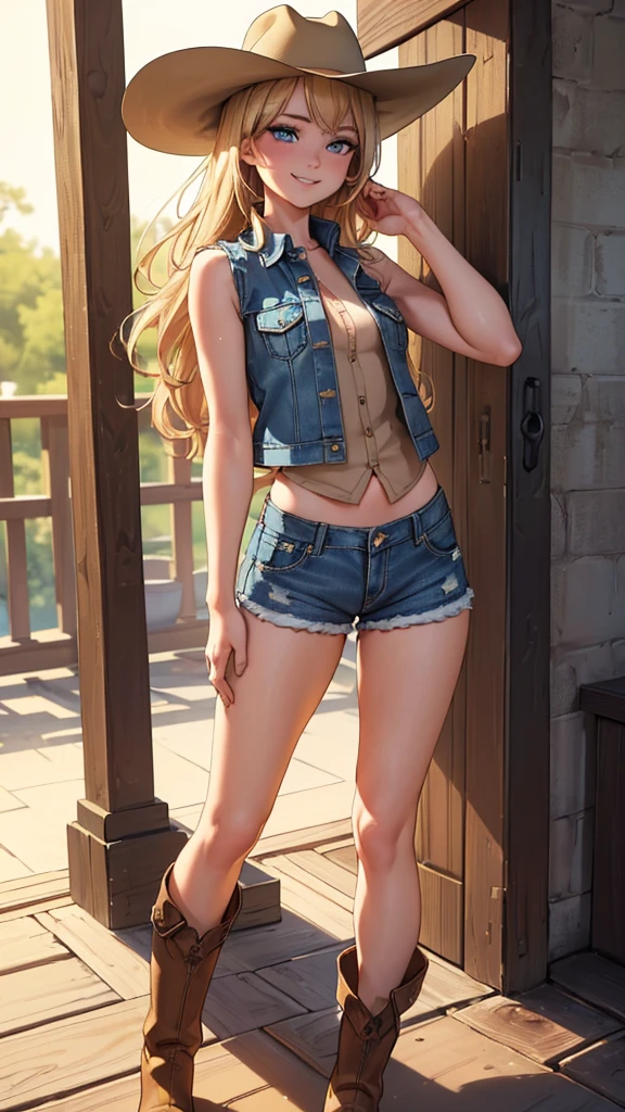 from below. masterpiece. highly detailed. A beautiful Teen Emma Watson as a cowgirl posing in a tight denim shorts, crop rd top. freckles. pìgtails. She is lying down on inside a barn. sparkly hair. shiny skin. cowboy boots.