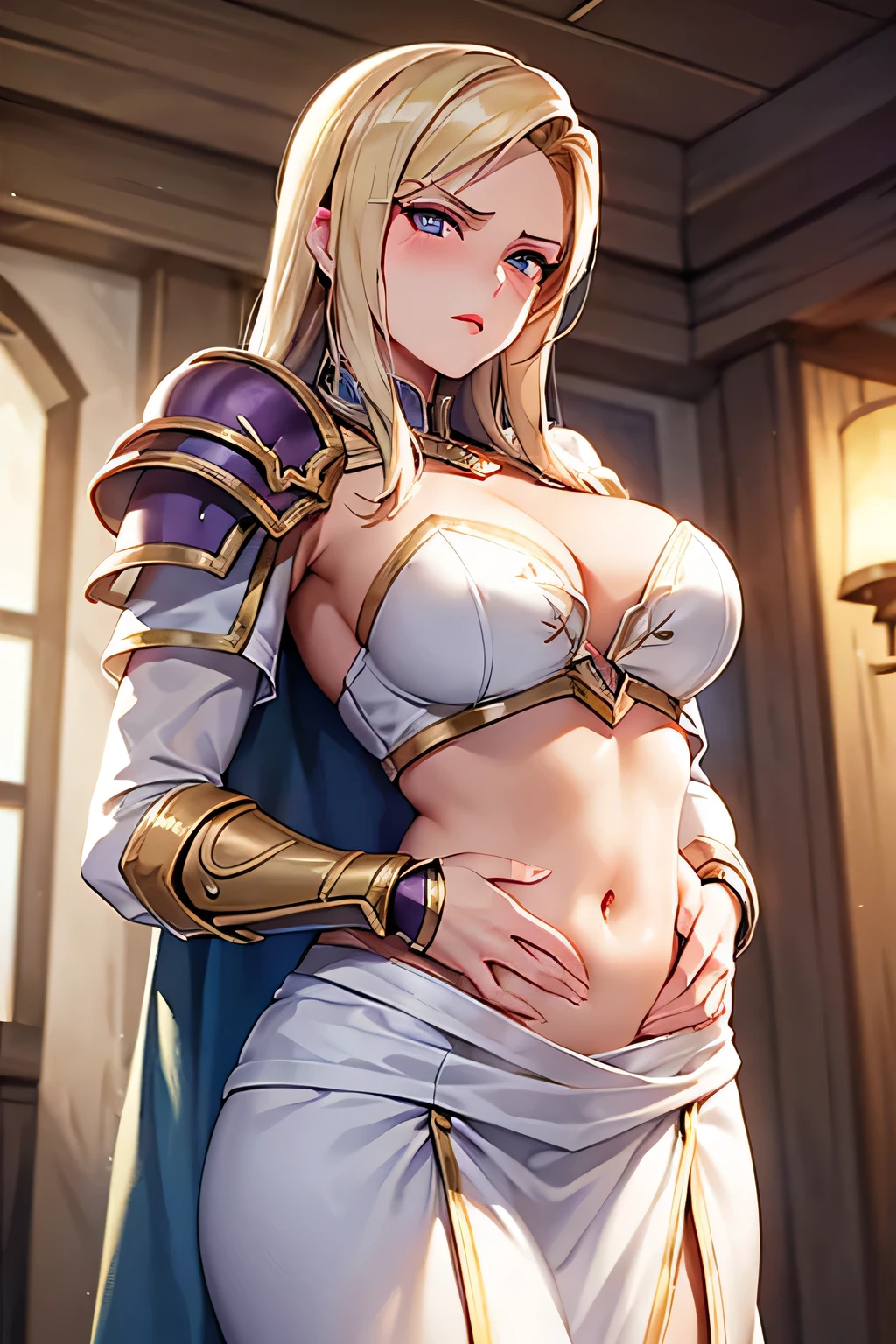 super fine illustration, vibrant colors, masterpiece, sharp focus, best quality, depth of field, ultra detailed, 1girl, solo, blush, purple waist cloth, long sleeves, armor,  warcraft, world of warcraft, WOW, jaina proudmoore, Elegant, looking down, blonde hair, body armor, shoulder pad armor, armored dress,, white skirt, red lipstick, night, indoors, leaning back, hands on own stomach, annoyed, v-shaped eyebrows,  red lips, chestnut mouth, 