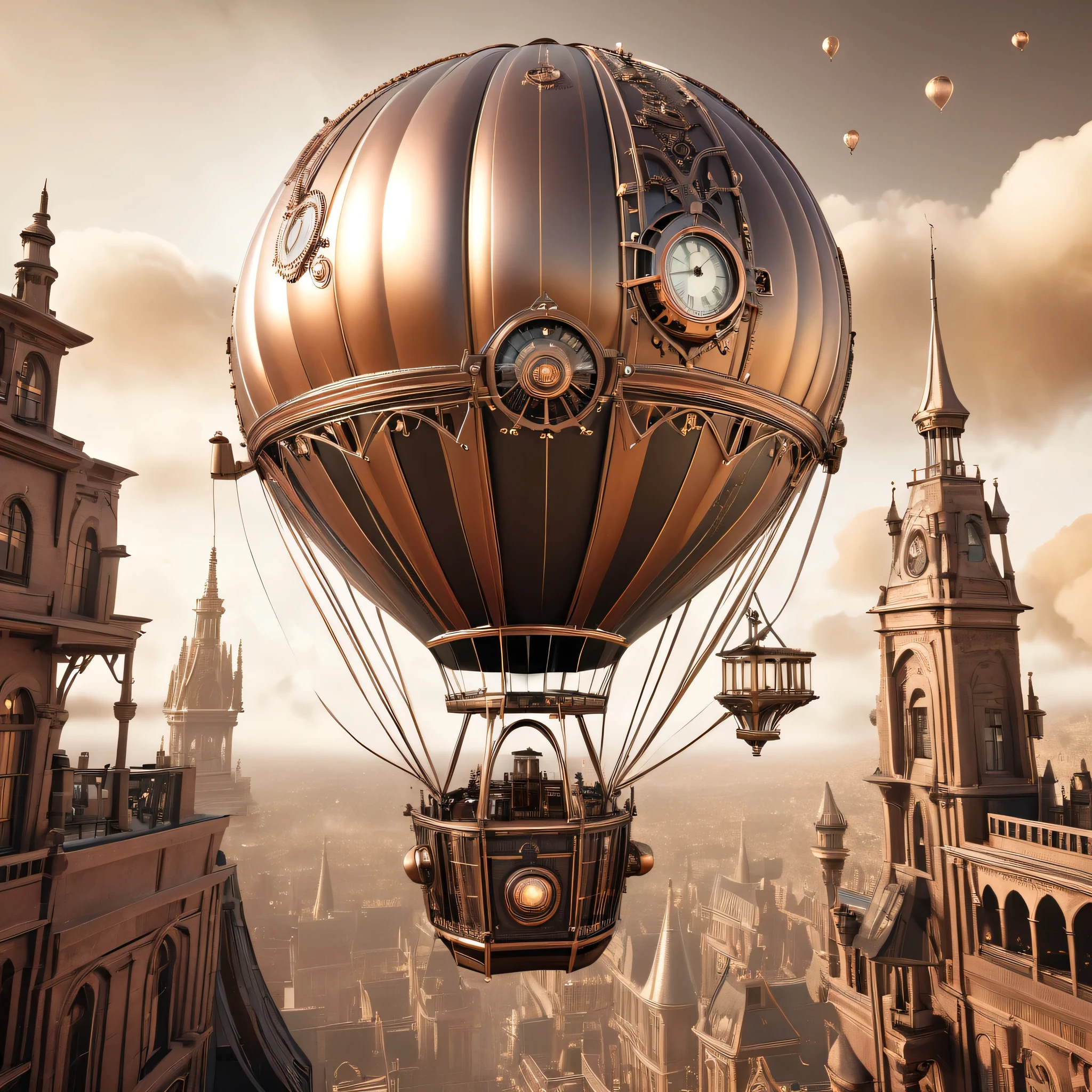 Super detailed, top quality, 8k, sepia-toned steampunk hot air balloon, gothic architectural landscape, rose gold universe, steampunk gear, glowing dots show intricate patterns, masterpiece
