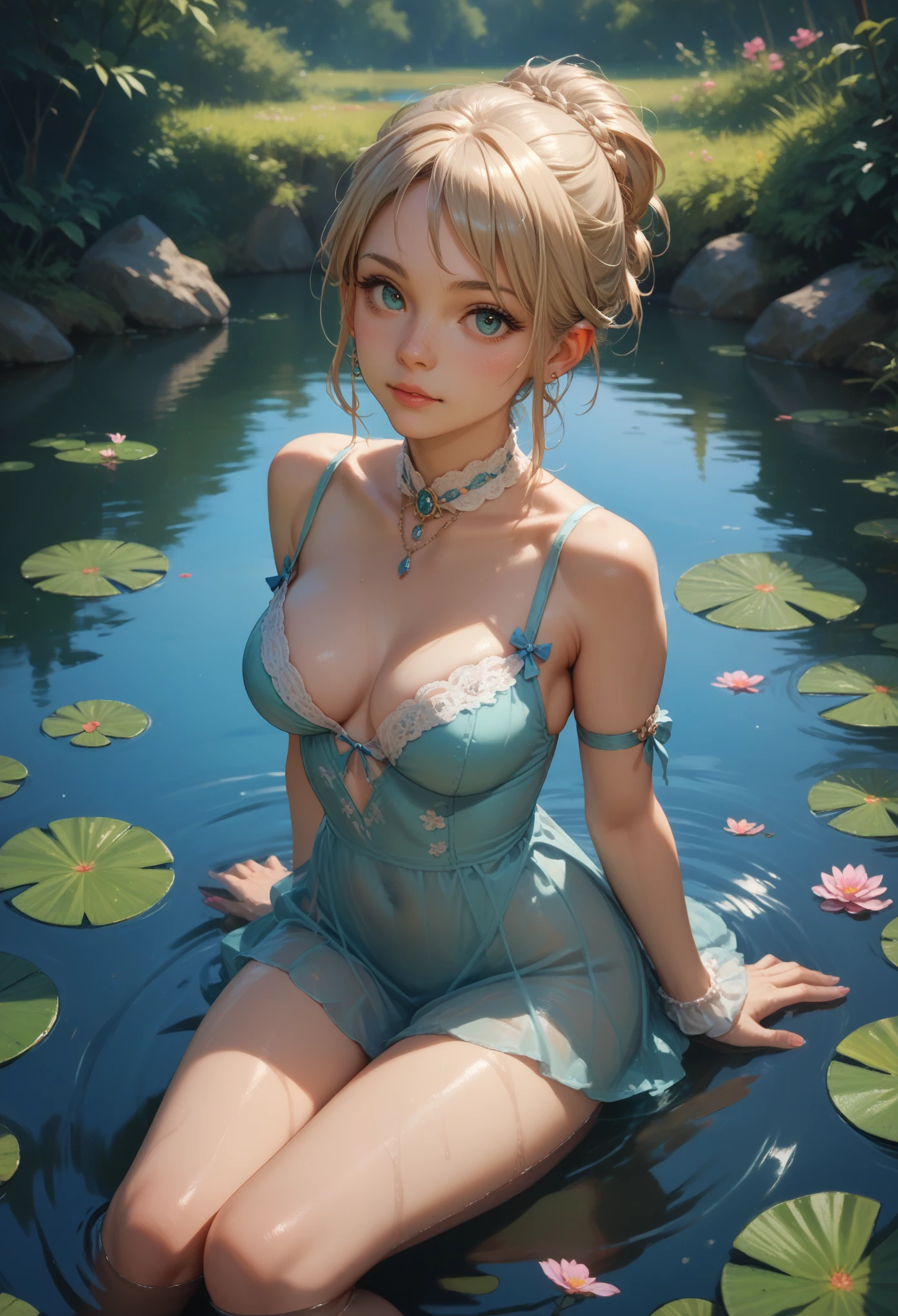 Girl Sitting on the Pond, viewer&#39;s gaze, temptation, Holds a water lily in his hand, The Water Surface Shakes the Reeds, bright colors, Sexy, Soft Colorful Colors, masterpiece, maximum quality, Game of Shadows,