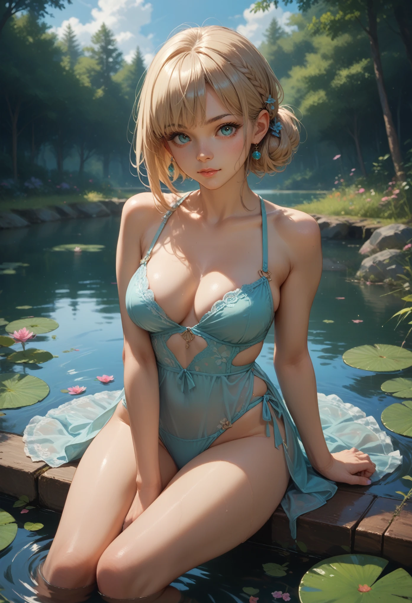 Girl Sitting on the Pond, viewer&#39;s gaze, temptation, Holds a water lily in his hand, The Water Surface Shakes the Reeds, bright colors, Sexy, Soft Colorful Colors, masterpiece, maximum quality, Game of Shadows,