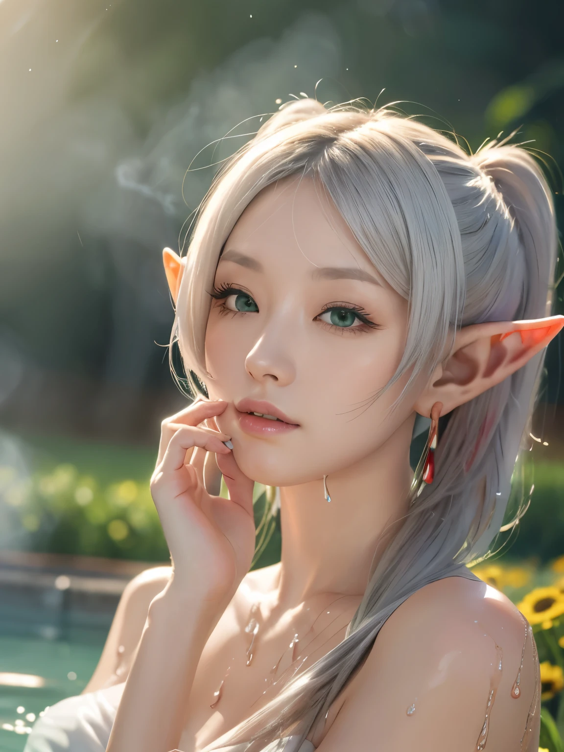1girl, solo, elf, (white hair, grey hair, twintails, long hair), earrings, pointy ears, green eyes, parted bangs, thick eyebrows, looking down
BREAK completely nude,
BREAK ((slender body, short stature, flat Breasts)), (Uhand_on_own_cheek:1.5), (orgasm:1.3), looking down, (looking at breasts:1.35),
BREAK To immerse yourself in the hot spring water up to your chest.
BREAK (((photorealistic)))masterpiece, best quality, ultra-detailed, butterflies, field of flowers,light particles, perspective from below, no humans, ((dynamic angle)),highly detailed CG HiRes 8k, 
(steam, fog, steaming body, wet skin),
BREAK very high quality, masterpiece, High resolution, high quality, natural skin, (close up:1.35) photo of as (young:1.0) woman, (8K UHD:1.0), (best quality:1.0), (masterpiece:1.0), (sharp focus:1.0), RAW photo, Realistic photos, RAW Photo,