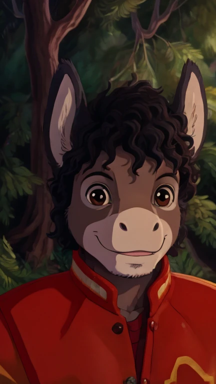 (1boy, solo, furry, donkey), highly insanely detailed, masterpiece, top quality, best quality, highres, 4k, 8k, RAW photo),((innocent look)),((ghibli style)),From the front, symmetrical composition,smile,cute,Innocent,Kind eyes,Flat chest,digital art Style, forest landscapes of other worlds, (mjthriller),front view, Upper body, short curly hair, red jacket, white t-shirt, dark skinned male,