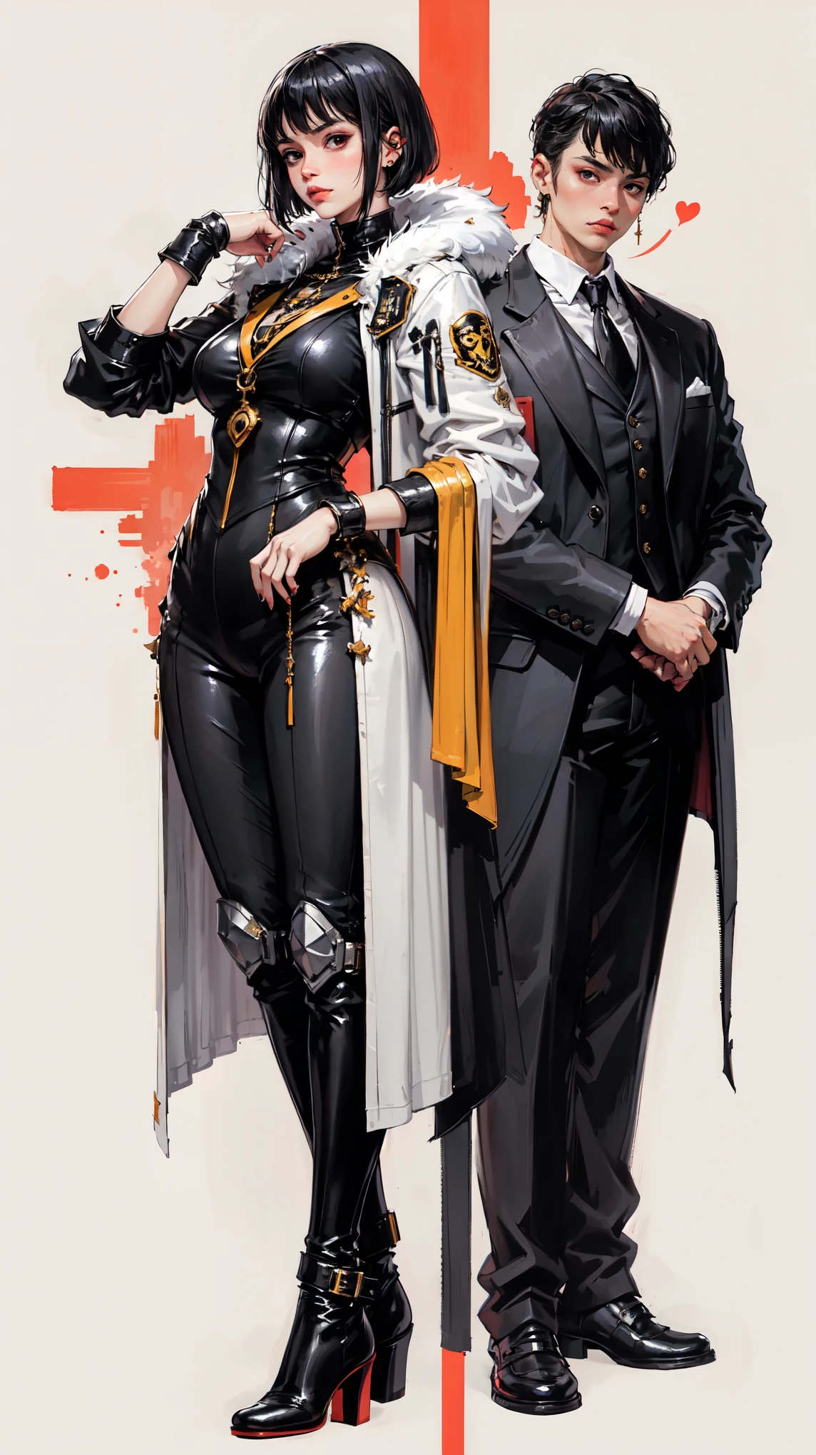 (masterpiece, top quality), (thin hair), very detailed, Anime style, One, half body portrait,  whole body, cyberpunk mafia lady, massive, white with yellow, mixed with very short hair, golden eyes, the right hand is transformed into a cybernetic claw, called the claw of Horus. Left hand - bare fist., trap mask, black formal suits with gold trim, long wolf fur coat, long boots, supernatural lightning, white background, full body standing, standing on deserted land. 