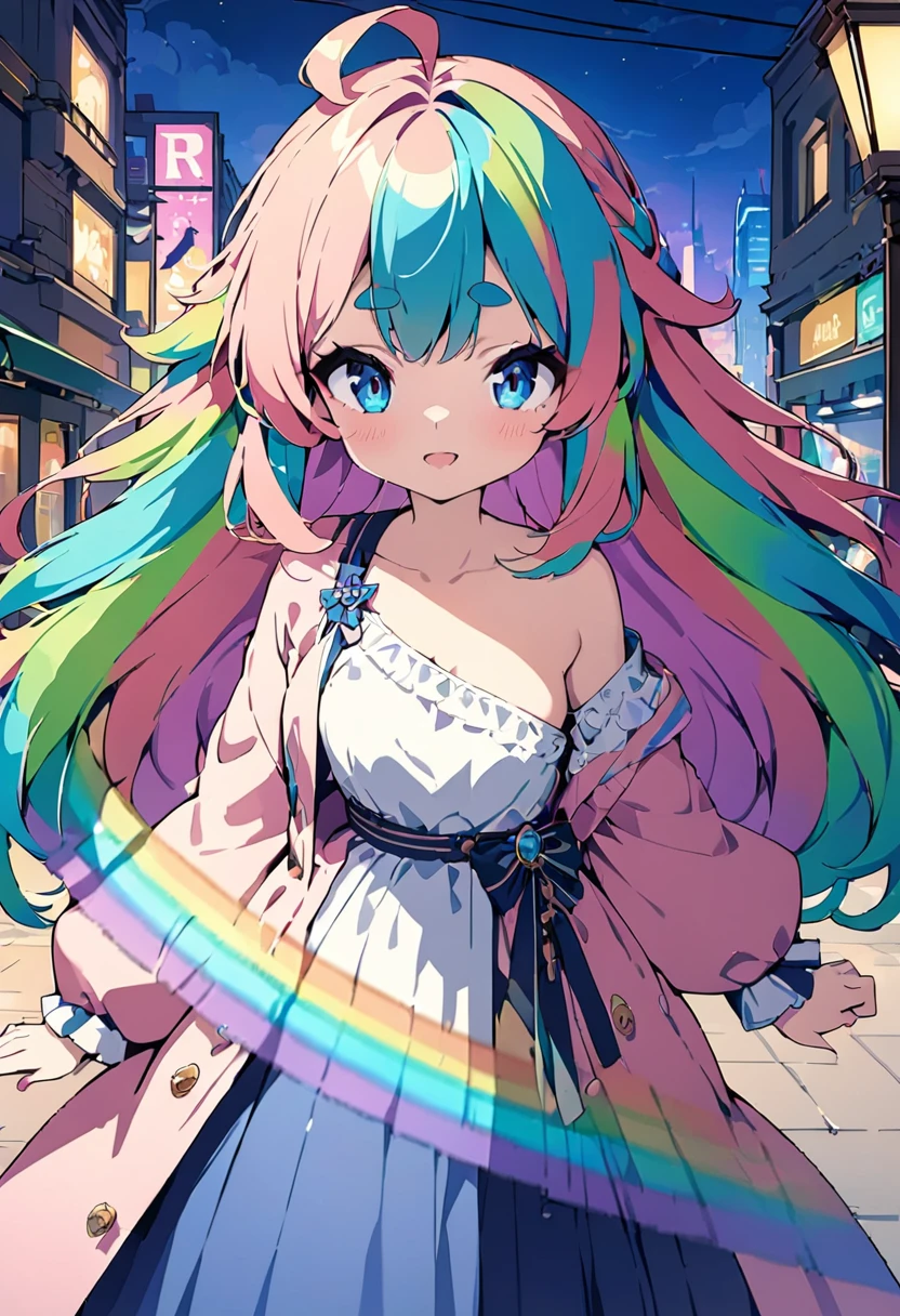 (masterpieceThe best quality:1.3, 16k, Beautiful and exquisite, Vivid), Anime girl with fluffy hair and blue eyes, (Rainbow Hair:1.3), Thick eyebrows, One-shoulder dress,Volume sleeves,(black), Stylish anime, high quality anime art style, shirabii, Cute girl anime visuals,Jade Lighting,Green Knight,Night City,signboard,Street lamp light,Backlight,masterpiece of the highest quality,Exquisite,8k,Absurd,Ultra-detailed illustrations,(View your viewers)