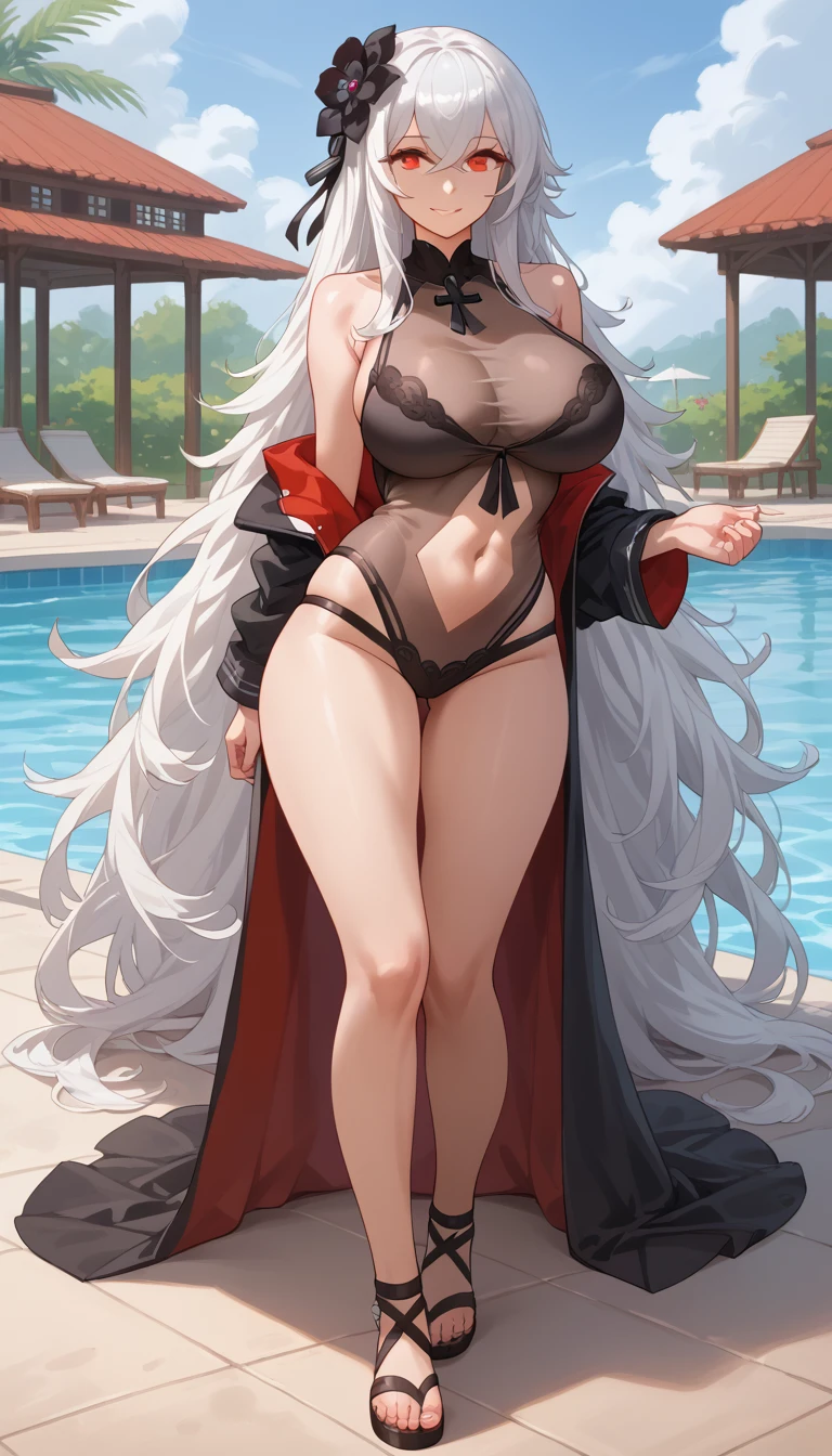 1girl, azlngrfzpln, azur lane, (best quality), ((masterpiece)), (highres), 16K, perfect face, red eyes, white hair, very long hair, hair flower, black flower, wearing black one-piece swimsuit, see-through, navel cutout, sandals, busty body, large breasts and a beautiful ass, showcasing cleavage, legs, hips, looking at viewer, smile, detailed full body, thigh details, swimming pool background