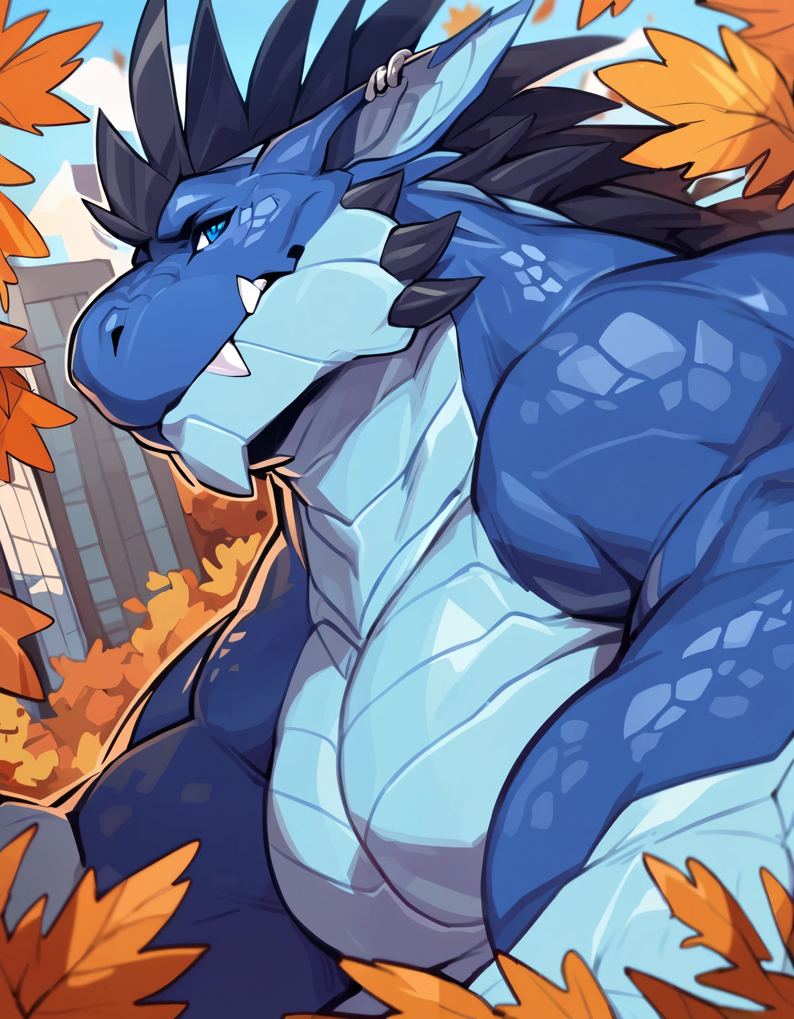 Close-Up Portrait: Sarcastic obese Ice Dragon; showing off his perfect physique and perfect anatomy; Black/Blue scales, spiky beard, Mohawk finstyle, piercing Blue Eyes, large muscles, Detailed body scales, burly huge stature; masterpiece, Anime Style, Two-tone body spikes, Black body scales, clear blue body scales; hard bulky; Detailed face, Thin eyebrows, Fine grain, thick jaw, Detailed body, Autumn cityscape, sunny, Detailed hands, Shining Body, Shiny body, Motion Blur, Dynamic Angle, looking at viewer, close-up OP-POV looking up; by FTGBear;