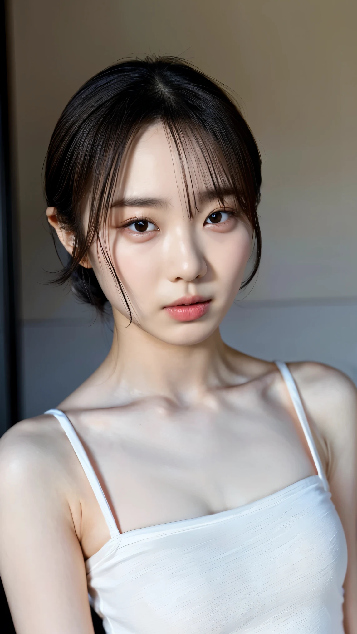((Petite women, Sensual woman, No makeup, 柔らかい笑face)), (((Small eyes, length, Narrow eyes, Black Hair, Short Bob Hair))), (Full body portrait, Short Hair, Large Breasts, Wearing a white T-shirt, Protruding nipples, Thick pubic hair), White skin, Glossy pale lips, skinny, Body Type, Delicate and sexy collarbone, Best Quality, RAW Photos, Realistic, face, so beautiful, cute, Depth of written border, High resolution, 超detailed, detailed, Very detailed, extremely detailed eye and face, Sharp pupils, Sharp focus, Cinema Lighting