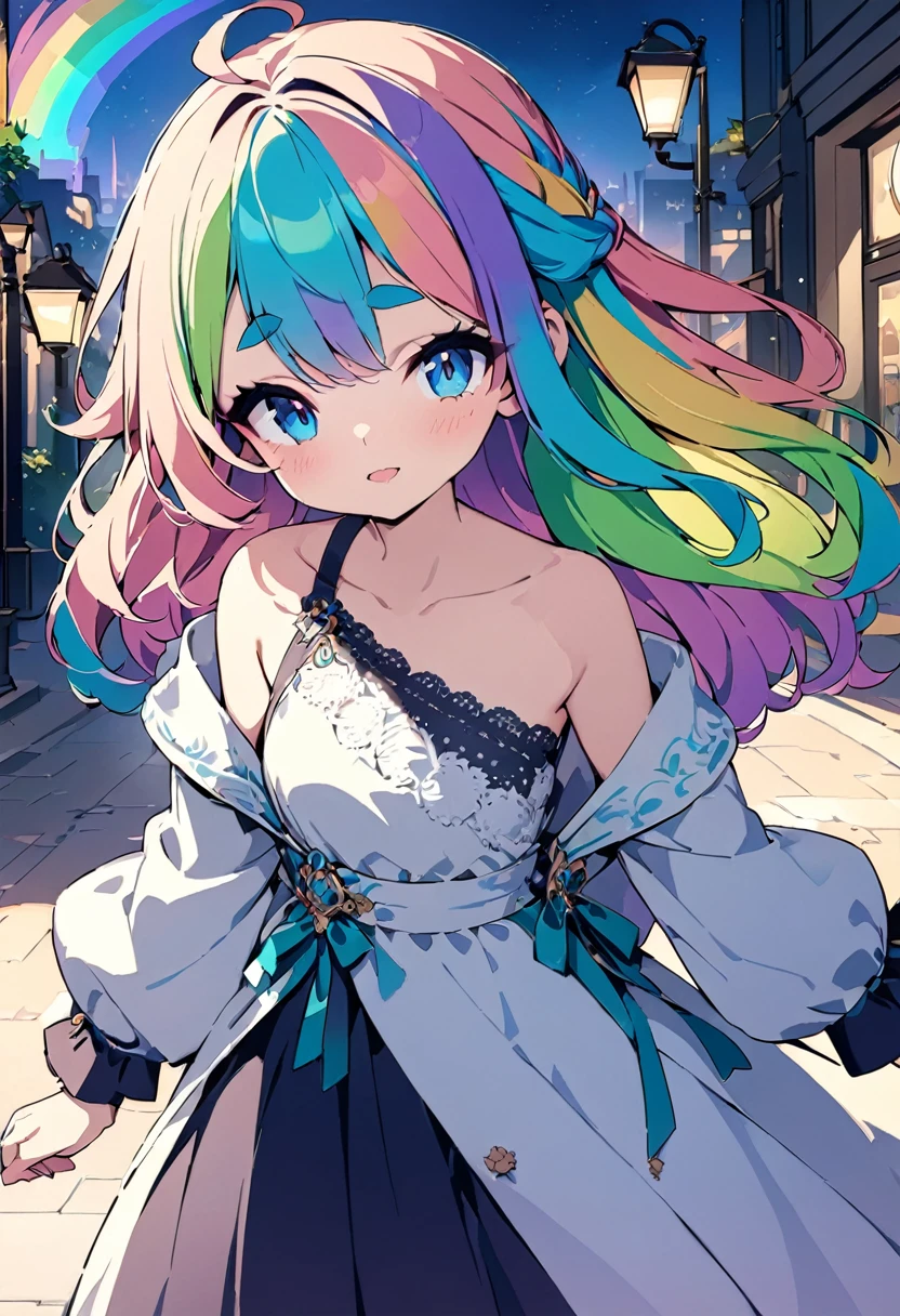 (masterpieceThe best quality:1.3, 16k, Beautiful and exquisite, Vivid), Anime girl with fluffy hair and blue eyes, (Rainbow Hair:1.3), Thick eyebrows, One-shoulder dress,Volume sleeves,(black), Stylish anime, high quality anime art style, shirabii, Cute girl anime visuals,Jade Lighting,Green Knight,Night City,signboard,Street lamp light,Backlight,masterpiece of the highest quality,Exquisite,8k,Absurd,Ultra-detailed illustrations,(View your viewers)