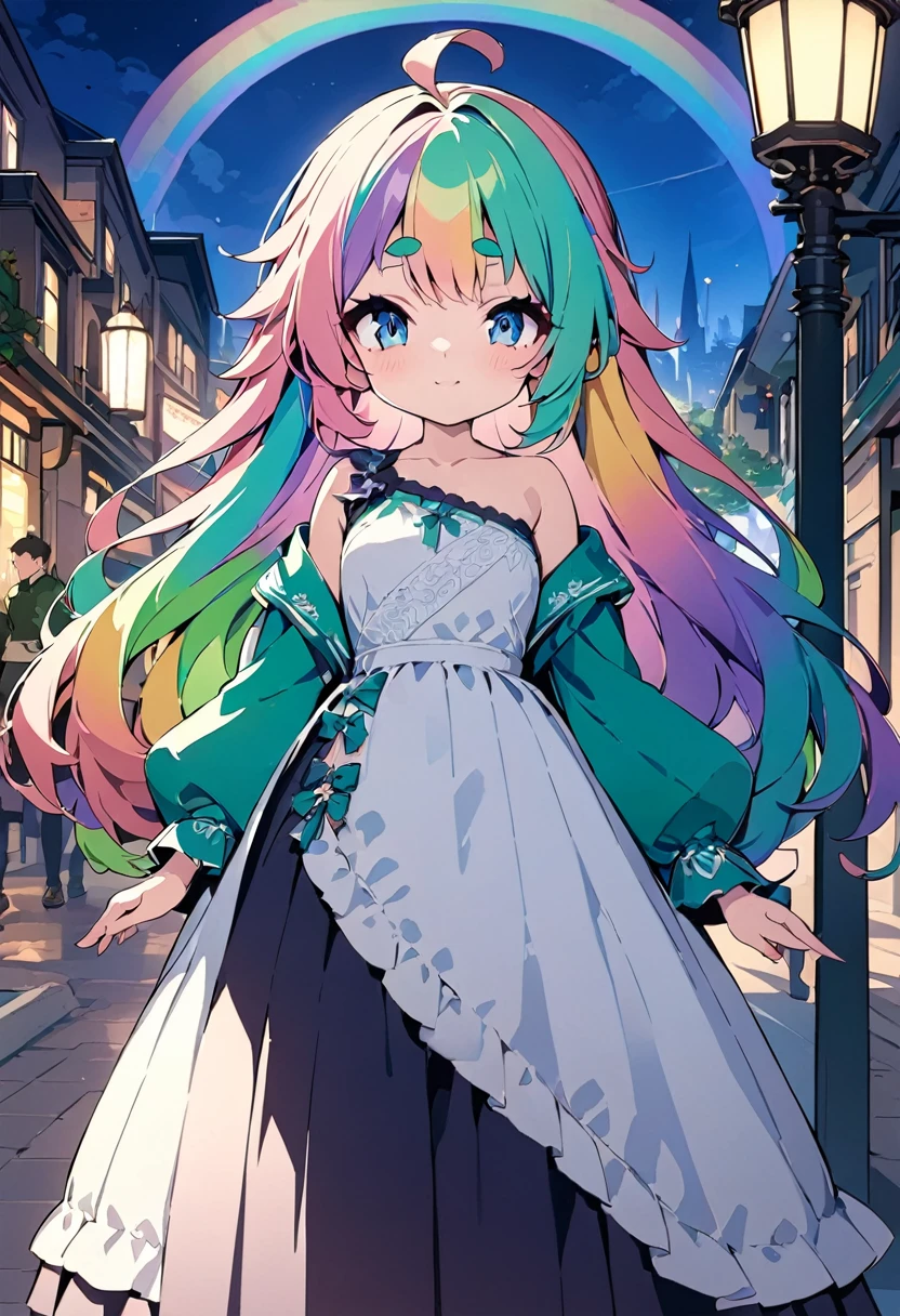 (masterpieceThe best quality:1.3, 16k, Beautiful and exquisite, Vivid), Anime girl with fluffy hair and blue eyes, (Rainbow Hair:1.3), Thick eyebrows, One-shoulder dress,Volume sleeves,(black), Stylish anime, high quality anime art style, shirabii, Cute girl anime visuals,Jade Lighting,Green Knight,Night City,signboard,Street lamp light,Backlight,masterpiece of the highest quality,Exquisite,8k,Absurd,Ultra-detailed illustrations,(View your viewers)