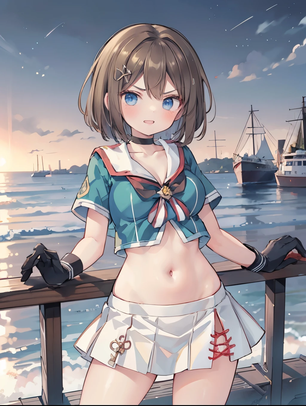 best quality, integrated scenery, integrated background, extremely delicate and beautiful, meticulous details, good composition, , cute face, perfect face, perfect hands,an anime style  ,1young_teen_ girl, , brown_hair, medium_bob_hair, blue_midriff_baring_sailor_uniform, mini_skirt, short_sleeve, thighs, gigantic_breasts, angry, smile,nihil,standing, harbor_background, slightly_spread_Legs, happiness, short_gloves,