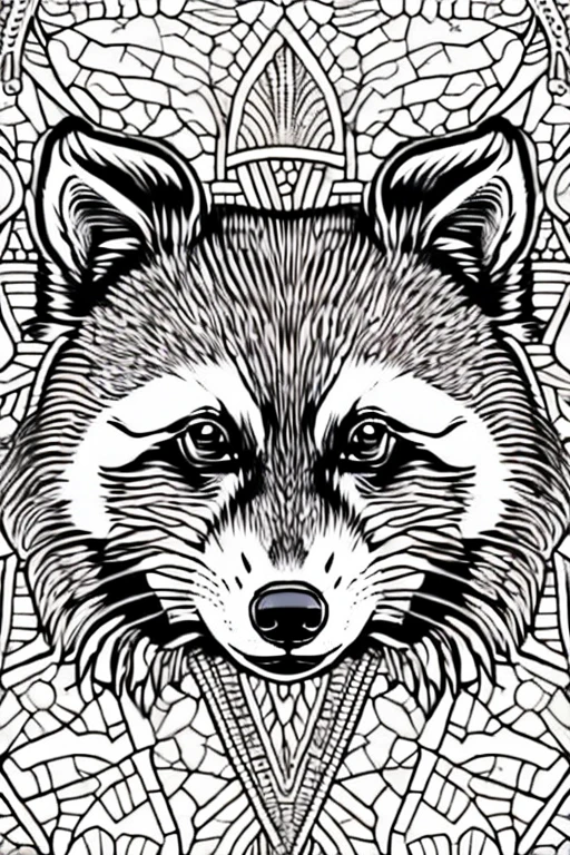 racoon, adult coloring book, medium intricate edged poligonal forms inside without shadows, only white spaces, a4 format, white background