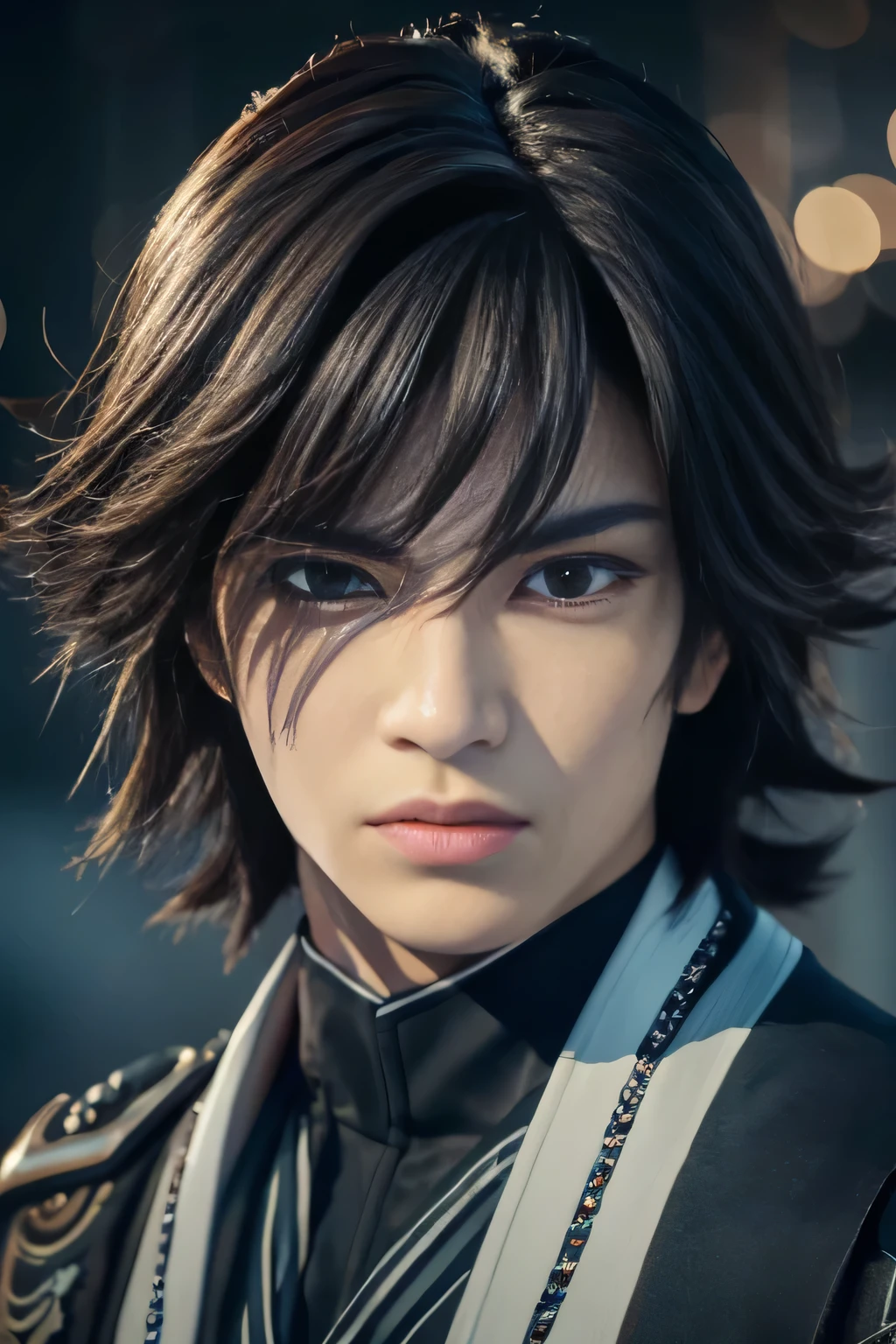 A highly detailed portrait of Giyu Tomioka, a character from the anime Demon Slayer, realistic digital art, incredibly detailed face and eyes, male, boy, intricate costume details, dramatic lighting, muted color palette, cinematic composition, photorealistic, 8k, (best quality,4k,8k,highres,masterpiece:1.2),ultra-detailed,(realistic,photorealistic,photo-realistic:1.37),HDR,UHD,studio lighting,ultra-fine painting,sharp focus,physically-based rendering,extreme detail description,professional,vivid colors,bokeh