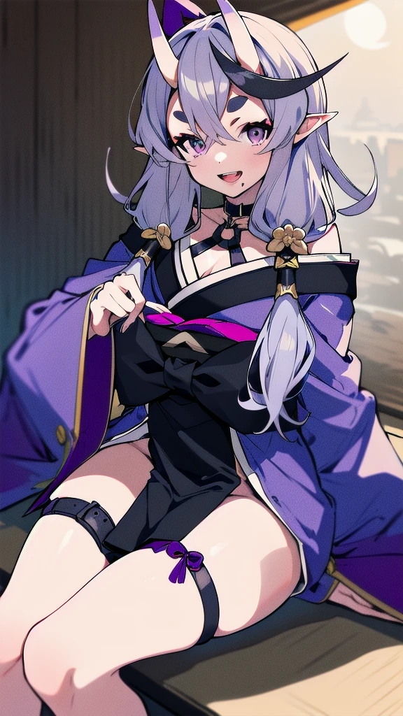 (whole body),masterpiece of the highest quality, High resolution, Amikoto, Low Twintails, Crescent moon hair accessory, bow, Purple ribbon, Short eyebrows, teeth, Off the shoulder, Purple kimono, Short kimono, Clevis, heart, sash, Thick thighs，Thigh straps, Cowboy Shot, smile, Open your mouth, Sitting Reaching for