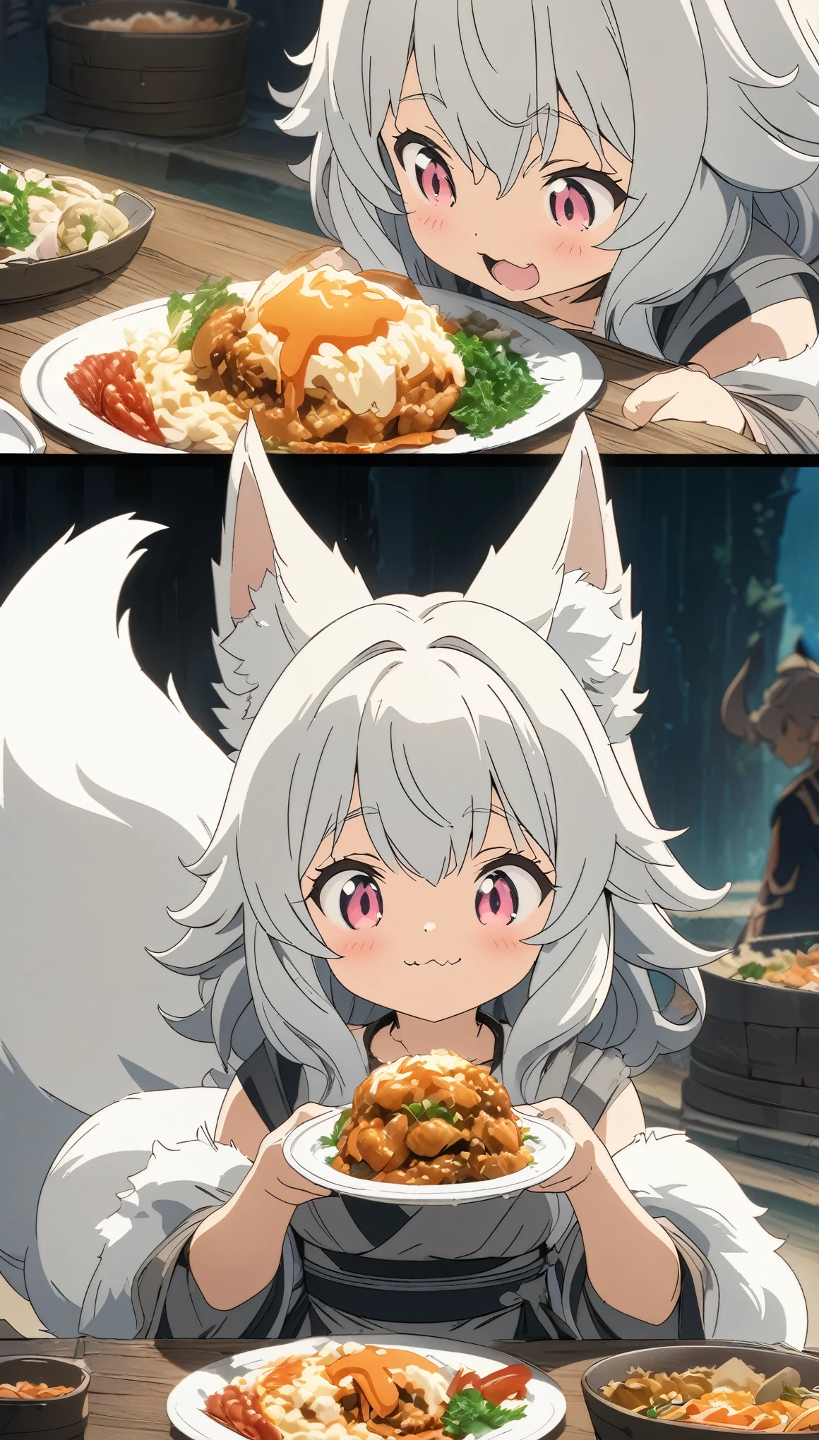 (masterpiece:1.2), (Best Quality:1.2), Ultra-high resolution, Very detailed, Fox Tribe Girl, silver hair, Otherworldly fantasy, Fluffy tail, cute, meal, delicious, Happiness, Digital anime art,Flat comic color, A scene from a movie