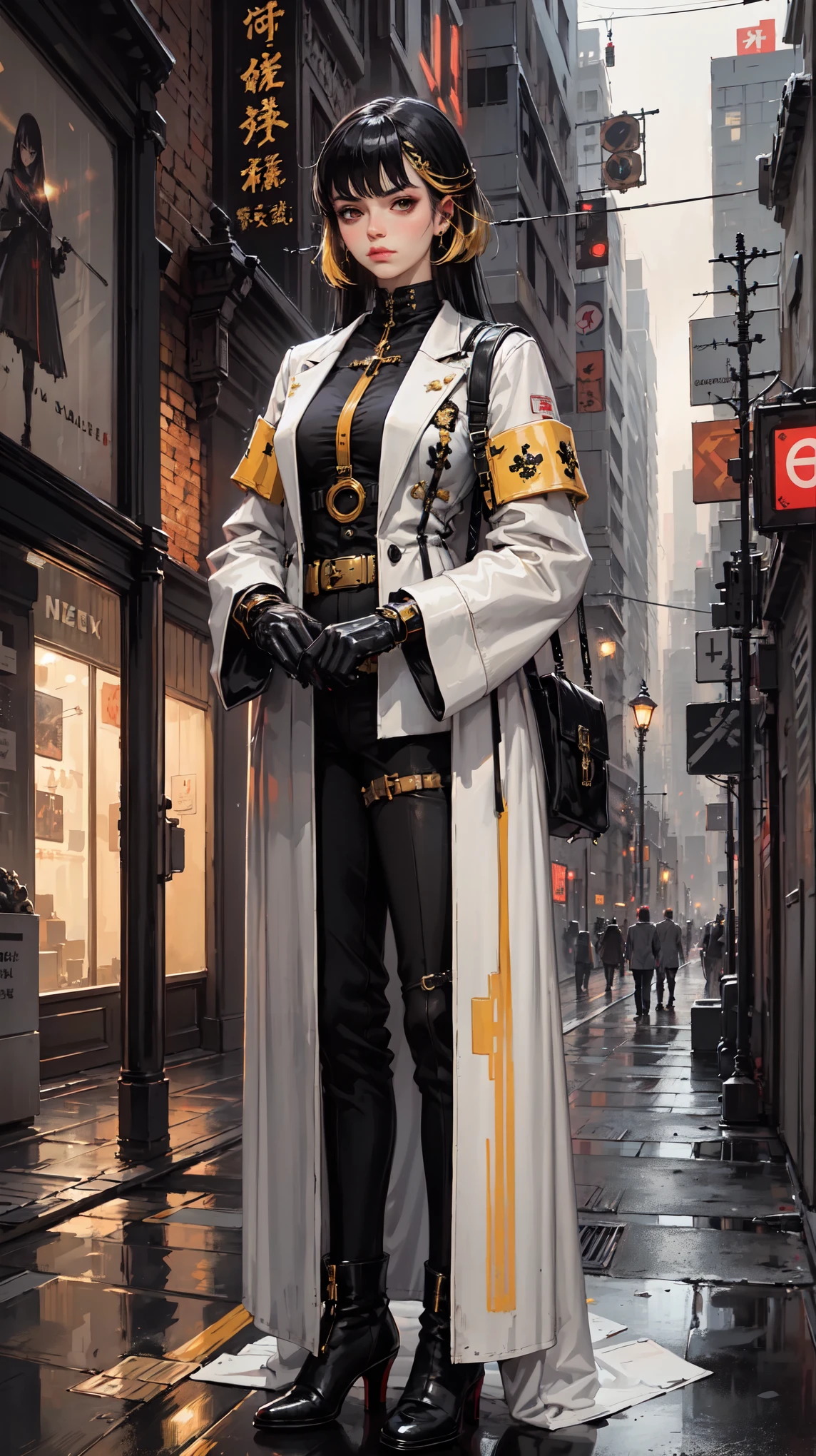 (masterpiece, top quality), (thin hair), very detailed, Anime style, One, half body portrait, cyberpunk mafia lady, white with yellow. golden eyes, the right hand is transformed into a cybernetic glove, black formal suits with gold trim, long coat long boots with many straps, supernatural lightning, standing on deserted land.