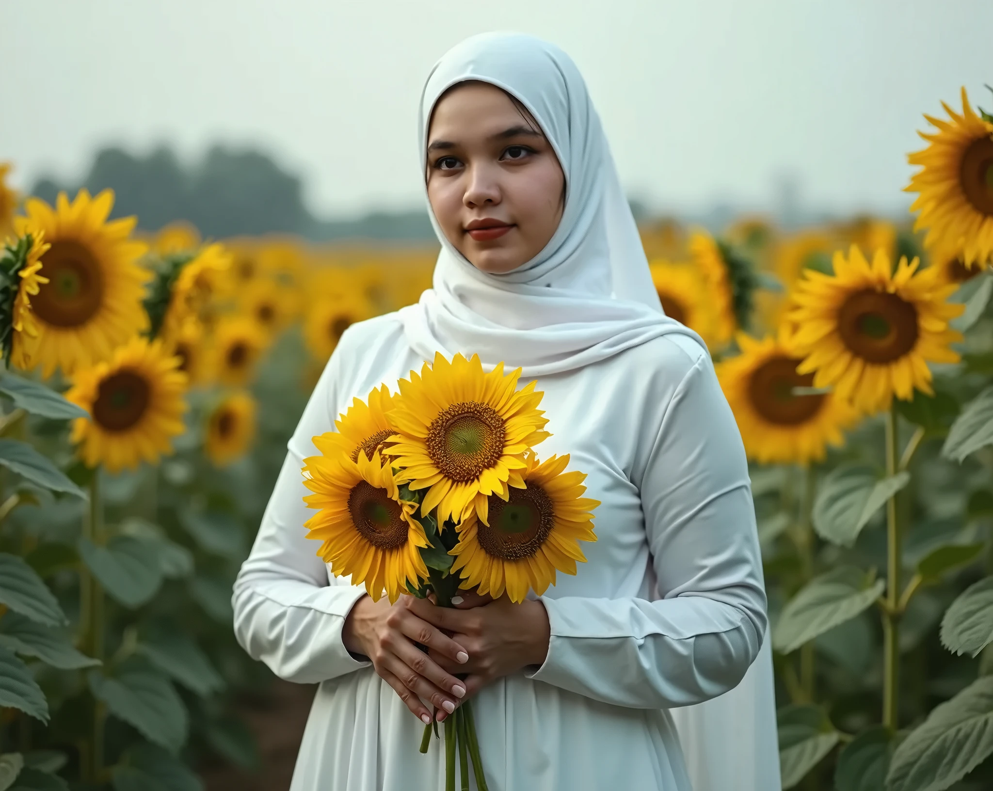 An artistic pastel blue-themed photo of a woman in a hijab, black color hijab, maroon dress with long flowery cardigan, holding sun flower buqet flower,kawaii face , standing amidst a field of tall, golden grass. The scene is bathed in warm, soft sunlight, with the blue sky overhead creating a harmonious and tranquil contrast.