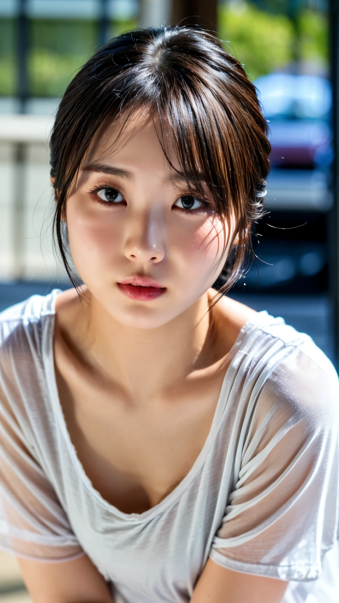 ((Petite women, Sensual woman, No makeup, 柔らかい笑face)), (((Small eyes, length, Narrow eyes, Black Hair, Short Bob Hair))), (Full body portrait, Short Hair, Large Breasts, Wearing a white T-shirt, Protruding nipples, Thick pubic hair), White skin, Glossy pale lips, skinny, Body Type, Delicate and sexy collarbone, Best Quality, RAW Photos, Realistic, face, so beautiful, cute, Depth of written border, High resolution, 超detailed, detailed, Very detailed, extremely detailed eye and face, Sharp pupils, Sharp focus, Cinema Lighting