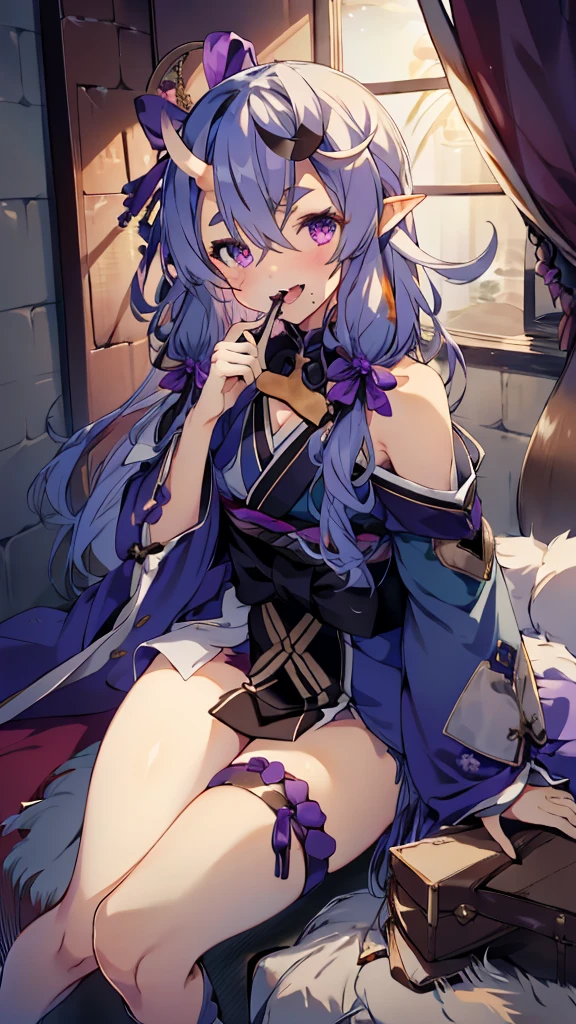 (whole body),masterpiece of the highest quality, High resolution, Amikoto, Low Twintails, Crescent moon hair accessory, bow, Purple ribbon, Short eyebrows, teeth, Off the shoulder, Purple kimono, Short kimono, Clevis, heart, sash, Thick thighs，Thigh straps, Cowboy Shot, smile, Open your mouth, Sitting Reaching for