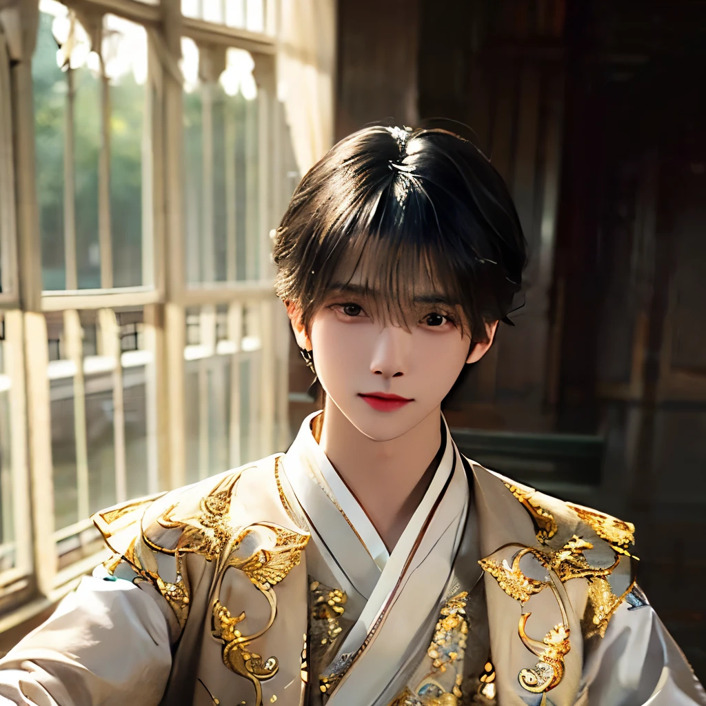 (Perfect details: 1.5, 8K wallpaper, masterpiece, Best quality, ultra detailed) man, emperor, Delicate facial features, Asian face, short black hair, Great hair, tied hair, Golden Silk Embroidered Dragon Mantle, Hanfu, Sitting on the dragon's chair, Hands on head, palace background, ancient golden emperor crown((whole body))