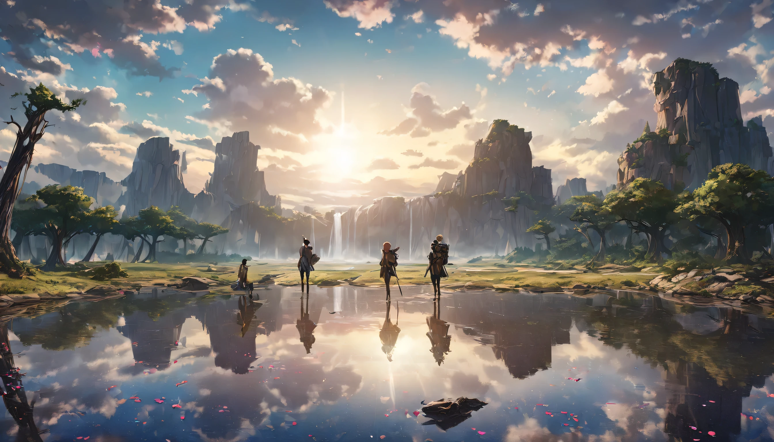 Long Desert, null limpo, cenáriver, moonlight, star, high quality, Anime style artwork, 最high quality, high quality, Highly Detailed CG 8k Unity Wallpaper, landscape, open air, null, cloud, null, Ancient ruins、Rear viewのAdventurer, moutain, landscape, water, tree, blue null, waterfall, cliff, Natural, lake, river , cloudy skies, Paid photo shoot, Bokeh, Depth of field, High resolution, petal, chromatic aberration, Photorealism, Very detailed, ArtStation Trends, CGSociety Trends, Complex, High Detail, dramatic, Art on the road, Adventurer, Rear view