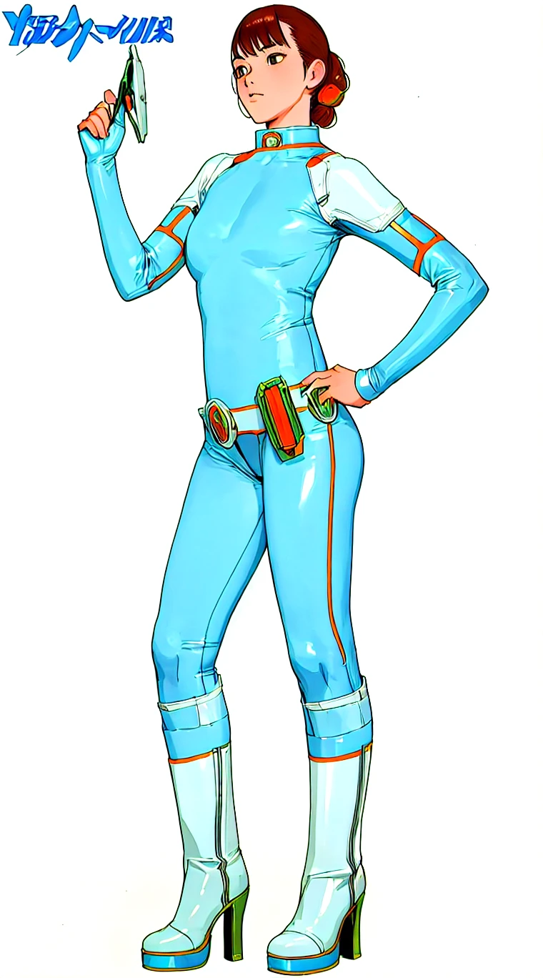 Very skinny Kei from The Dirty Pair, emaciated, wearing a tight yellow outfit, skinny frame, skinny legs, medium breast, red hair beauty, cyberpunk city background, holding retro space-gun, headband, slim waist, very slim thighs, very skinny thighs, very thin thighs, very slender thighs, lanky, thigh gap, thigh gap, profile、Upper Body