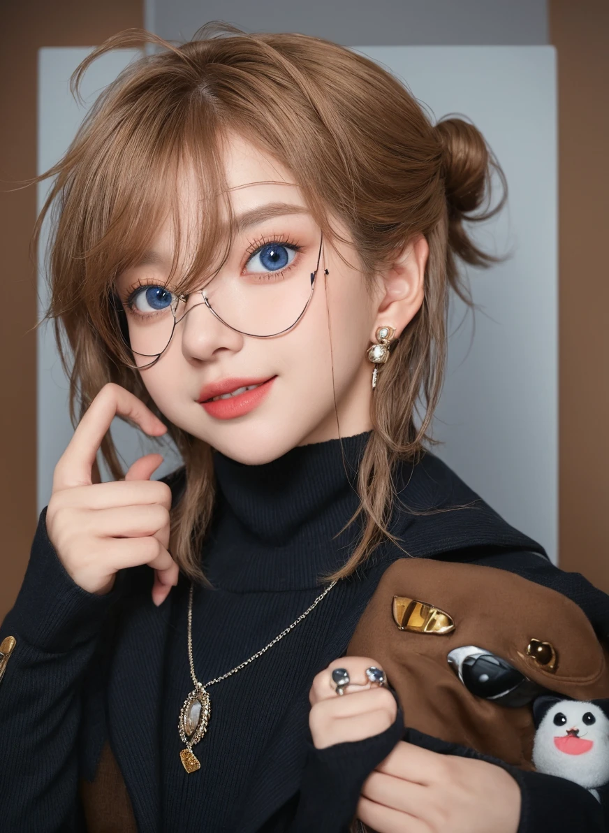 （portrait：1.4），（masterpiece：1.2，best quality：1.2），view from above，Upper body，1 girl，look up，Face focus，Extremely detailed face，Extremely detailed blue eyes，nice，make up，Place your fingers on your lips，sunglasses、fashion、earrings、blond，Extra-long hair