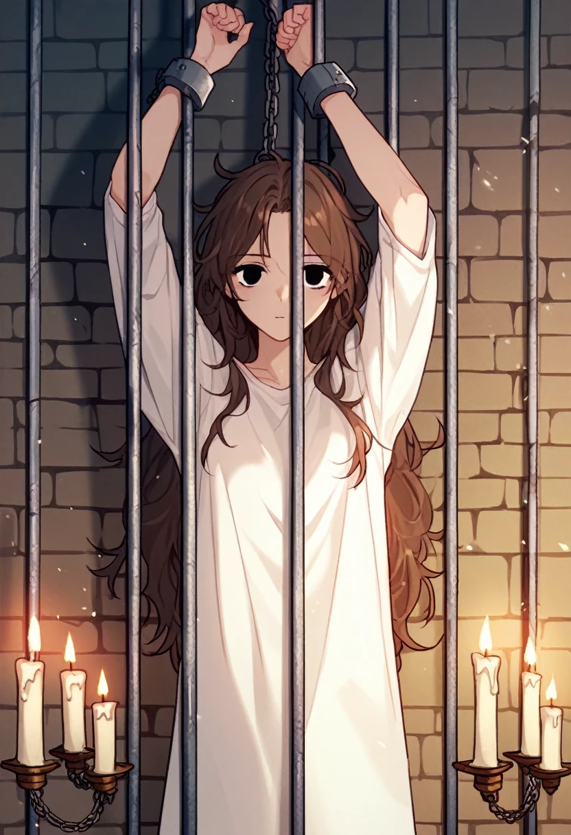 check_9, check_8_up, check_7_up, check_6_up, check_5_up, check_4_up, BREAK источник_anime, manhwa-artstyle, 1 girl, white shirt, solo, looks at the viewer, raised arms, chains, shackles, brown hair, messy hair, black eyes, jail, long hair, dungeon, medieval prison, worth, night, candles, worth