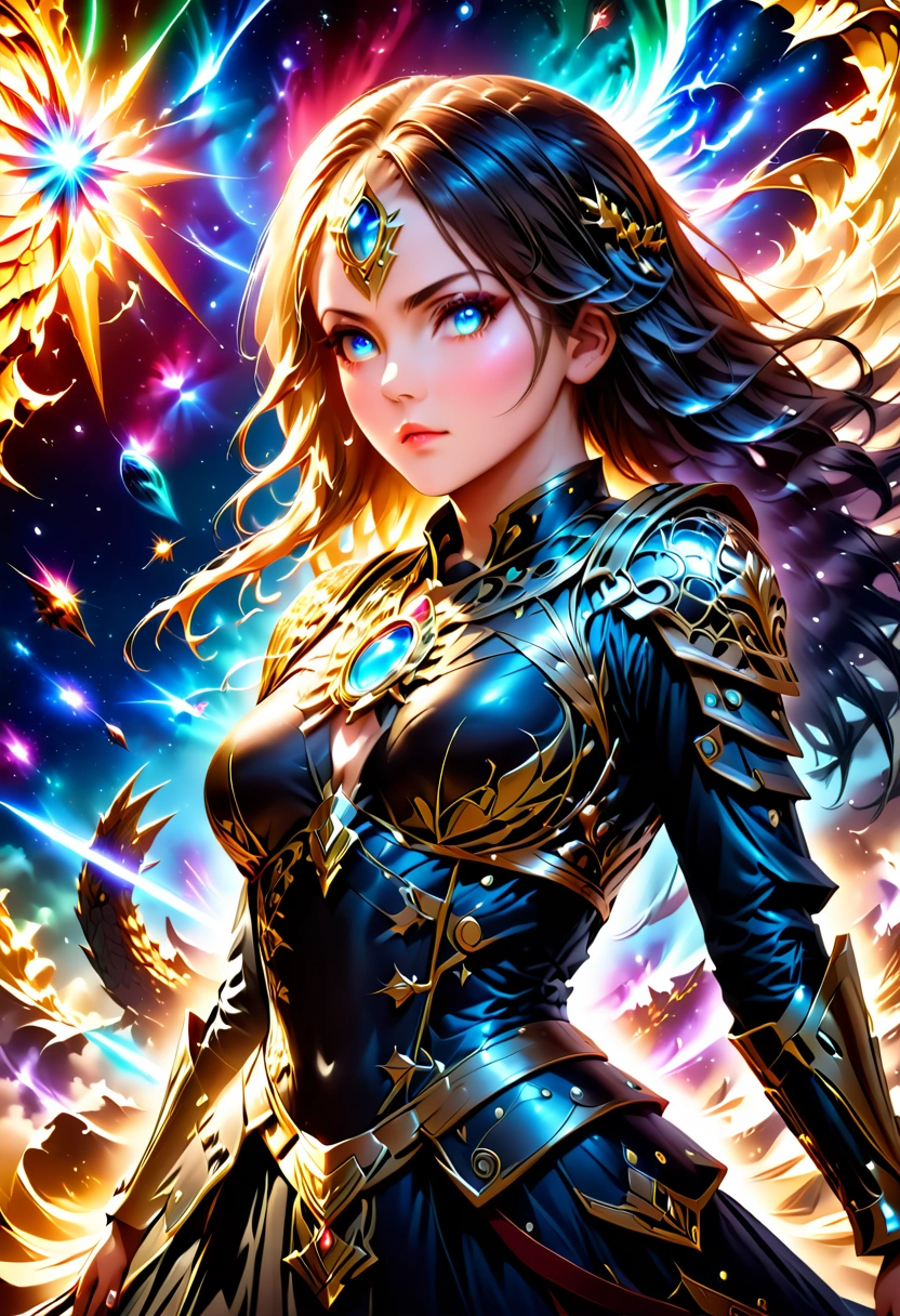 (masterpiece, best quality, beauty, best ratio, best shadows,best Illustration, wallpaper size,1080×2400 pixels,detailed face,1 girl, war theme, detailed costume) 
noble warrior with giant spear glowing surrounded by light dust duel in the air against dragon king flying to earth. clash of duel form cosmic energy shards all over the sky. space and time flash in flash of light as fast as sound form light crystal mandara.  use the RenderMan renderer.digital art.High definition,high contrast,high color saturation, 128k,cinematic lighting, intricate, cinematic advertising photograph, cinema lens,high res Cinematic,8k,1040x2400pixels