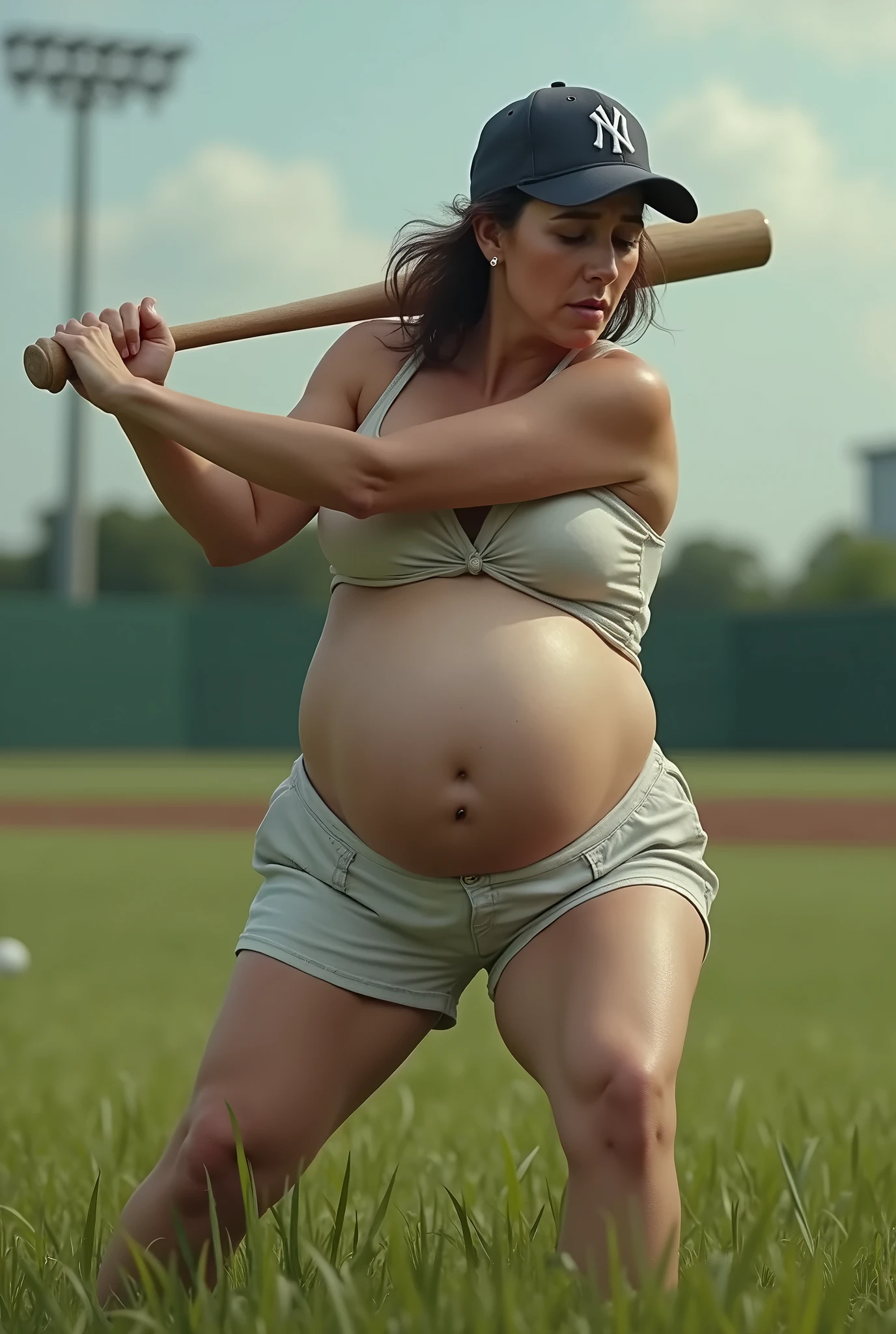 Girl with wide hips, thick thighs, and a big round ass. Voluptuous. Blonde hair and blue eyes. Wearing a slutty softball uniform. In a suggestive pose