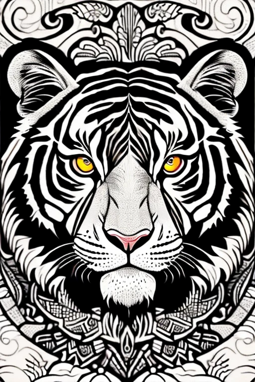 tiger head, for adult coloring book, medium intricate edged poligonal forms inside without shadows, only white spaces, a4 format, white background