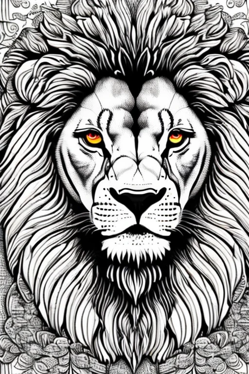 lion, for adult coloring book, medium intricate edged poligonal forms inside without shadows, only white spaces, a4 format, white background