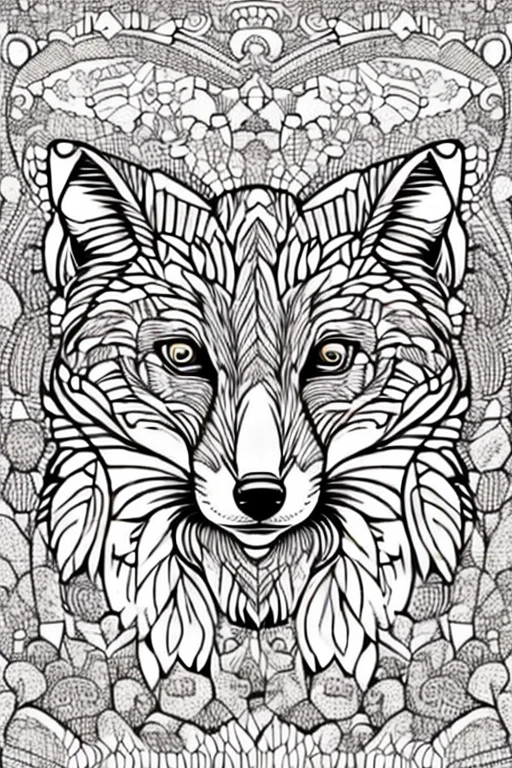 fox, for adult coloring book, medium intricate edged poligonal forms inside without shadows, only white spaces, a4 format, white background