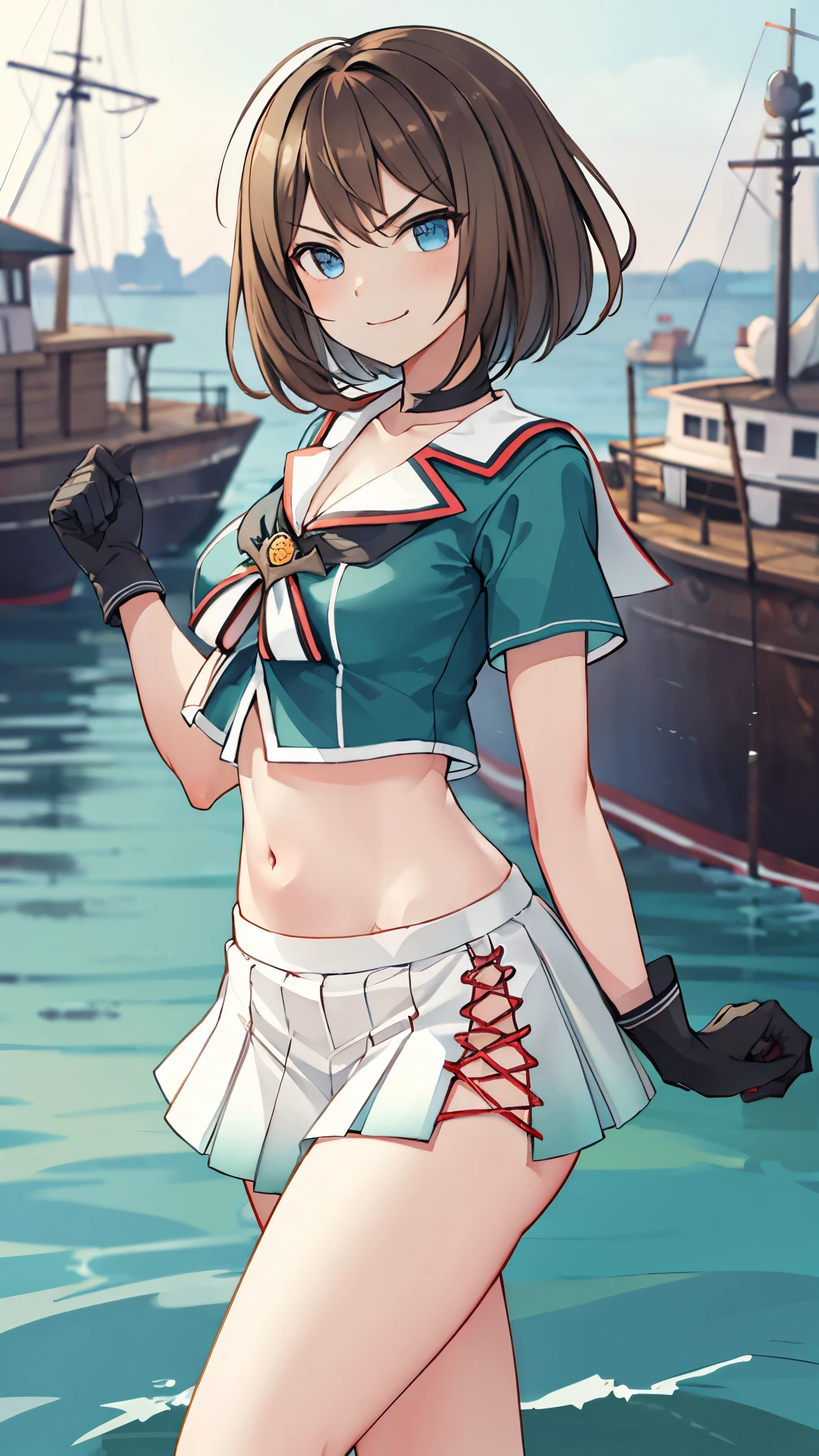 best quality, integrated scenery, integrated background, extremely delicate and beautiful, meticulous details, good composition, , cute face, perfect face, perfect hands,an anime style  ,1young_teen_ girl, , brown_hair, medium_bob_hair, blue_midriff_baring_sailor_uniform, mini_skirt, short_sleeve, thighs, gigantic_breasts, angry, smile,nihil,standing, harbor_background, slightly_spread_Legs, happiness, short_gloves,