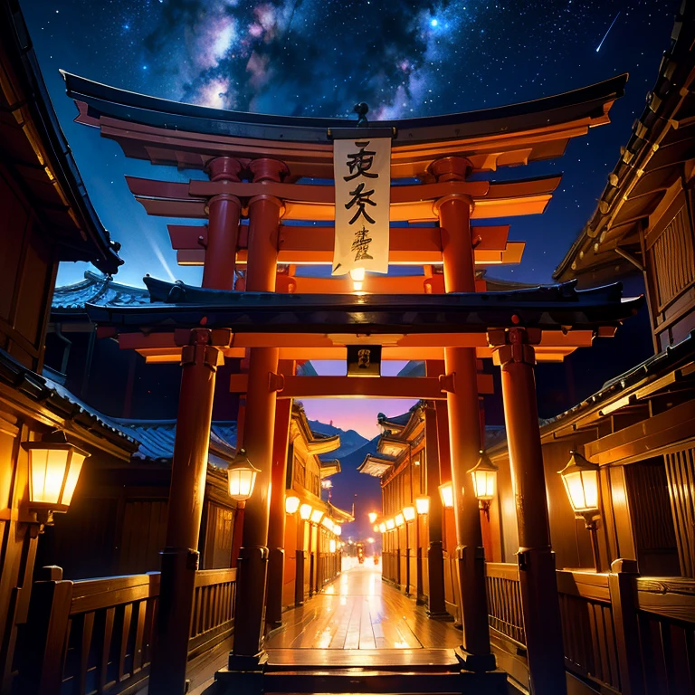 Blonde Shrine Maiden，Rear view ，up，Upper body torii gate ,Night Sky，High resolution, High resolution, 8k, Famous Paintings 2:1,（ Shrines in Kyoto、star）、profile,