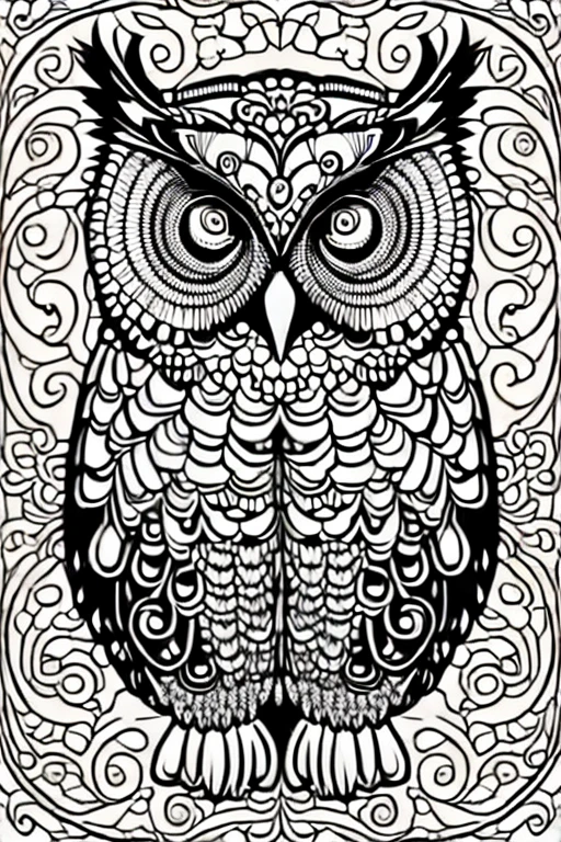 owl, for adult coloring book, medium intricate edged poligonal forms inside without shadows, only white spaces, a4 format, white background