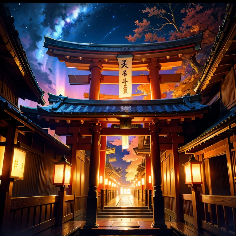 Blonde Shrine Maiden，Rear view ，up，Upper body torii gate ,Night Sky，High resolution, High resolution, 8k, Famous Paintings 2:1,（ Shrines in Kyoto、star）、profile,彗star,Looking back