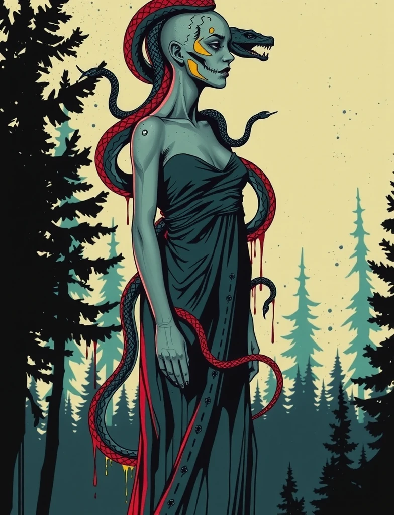 Medusa, northern lights, snake lightning, snakes to the heavens, hand drawn ink on paper illustration, double exposure, optical illusion, snake skin dress, full length body, (lamia, gorgon, snake woman hybrid, human upper-body, snake tail lower-body), fullbody, snake-haired, bald, hairless, (face, ornate black metal corpse paint, resembles Grace Jones), (background, pine barrens, entropy, rewilding, magic hour nautical twilight), (art style "Sean Gordon Murphy" comic drawing, splash panel), body drawn in Frederic Delavier musculature anatomical illustration art style, candid, the snake-haired head is covered in snakes that resemble pantera great southern trendkill, silhouette, full length body portrait, (body, Naga, snakefolk), (colors, forest green to earth brown, merge bleak muted deep fiery radiant glowing CMYK hues, (horror, abstract, surreal, body, cosmic), (art style Gerardo Zaffino charcoal), nyctophobia,